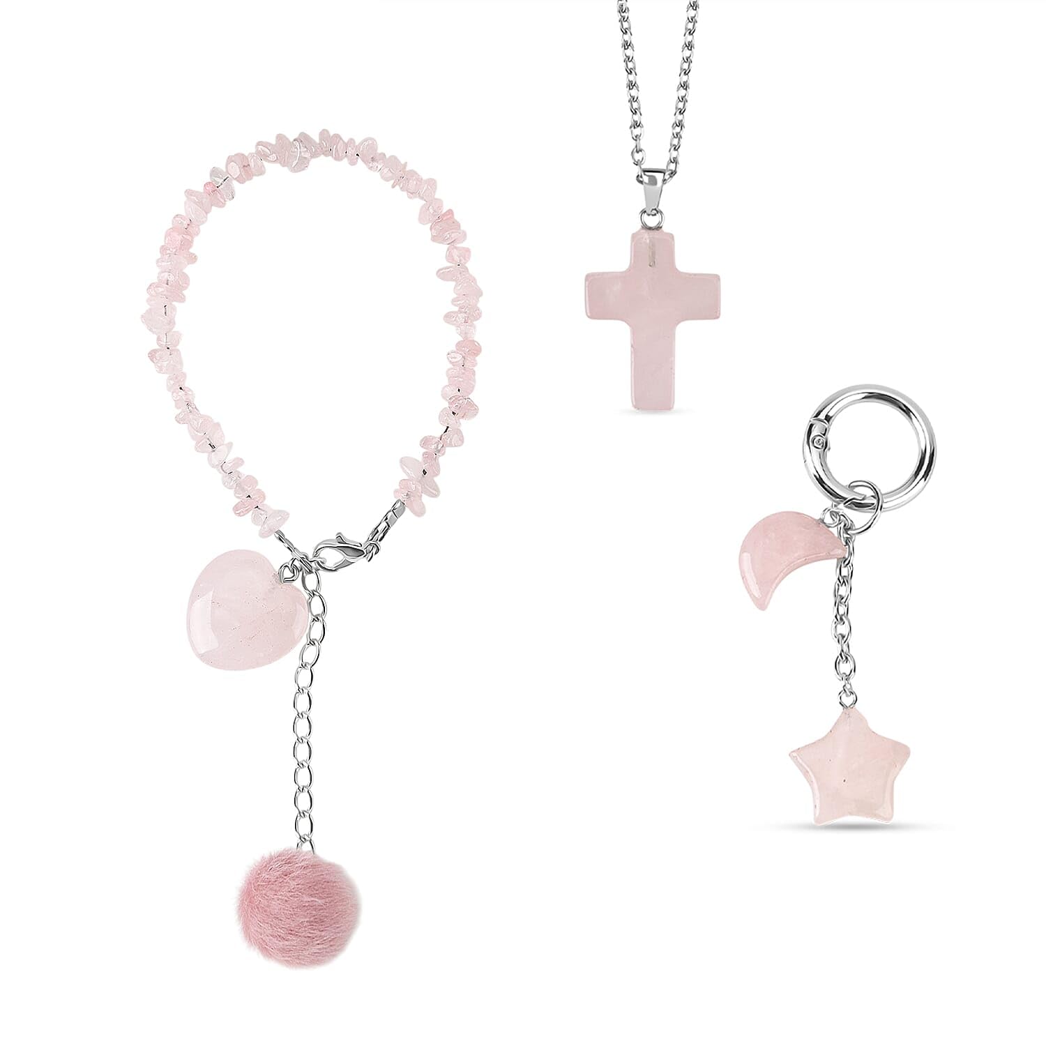 SHOP LC DELIVERING JOY Green Aventurine Gemstone Gift Set of 3 Keyring, Beaded Bracelet and Cross Necklace 18 Inches