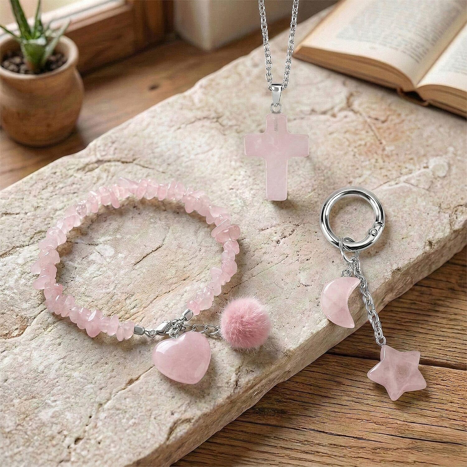 SHOP LC DELIVERING JOY Green Aventurine Gemstone Gift Set of 3 Keyring, Beaded Bracelet and Cross Necklace 18 Inches - Image 2