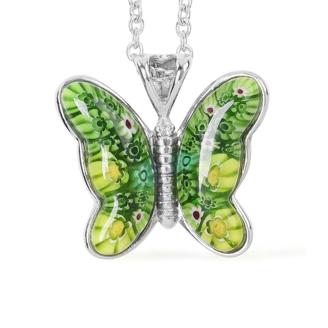 SHOP LC DELIVERING JOY Green Dainty Butterfly Necklace for Women Murano Style Millefiori Glass Cute Aesthetic Beach Jewelry Friendship Women for Friend Mom 24" Birthday Christmas Gifts