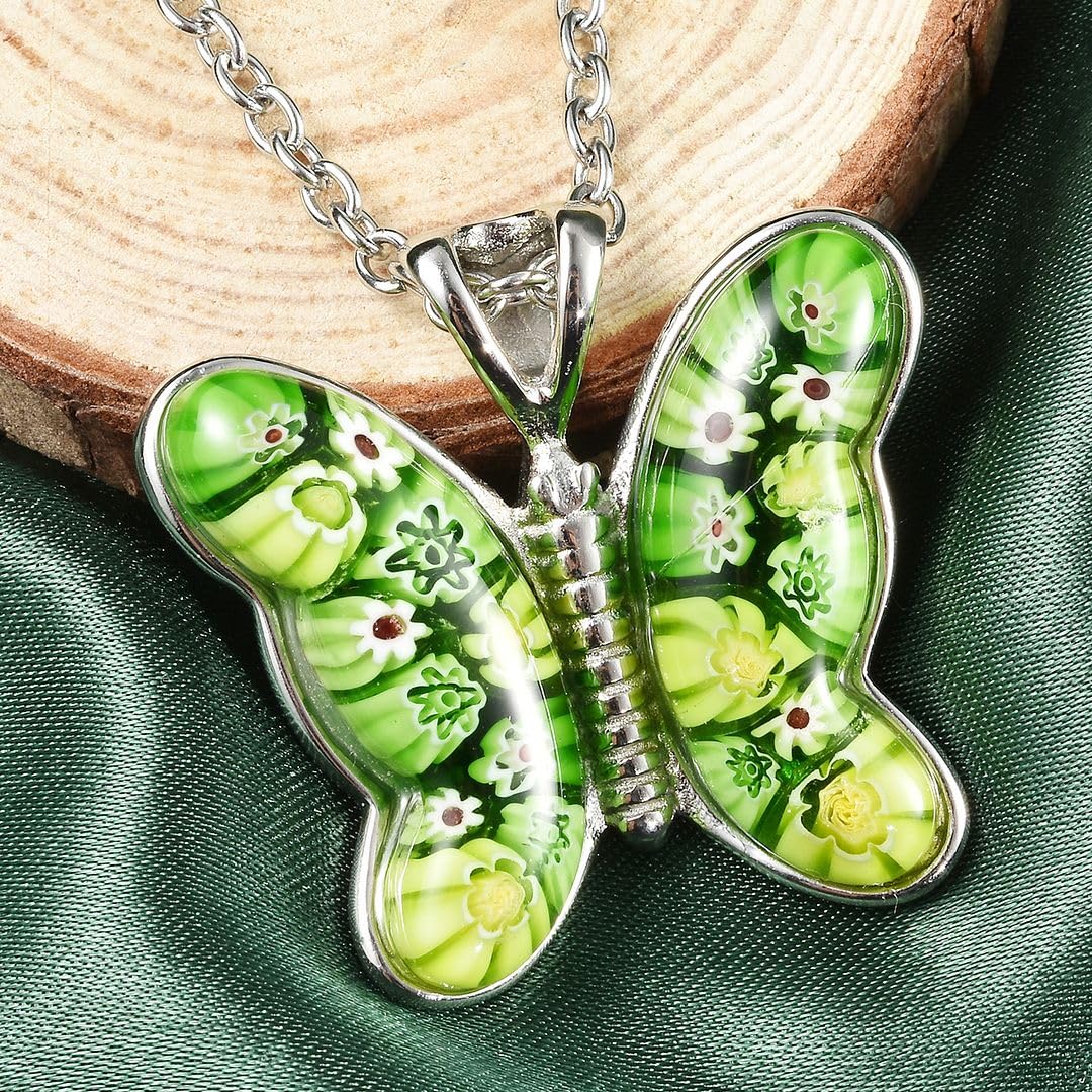 SHOP LC DELIVERING JOY Green Dainty Butterfly Necklace for Women Murano Style Millefiori Glass Cute Aesthetic Beach Jewelry Friendship Women for Friend Mom 24" Birthday Christmas Gifts - Image 2
