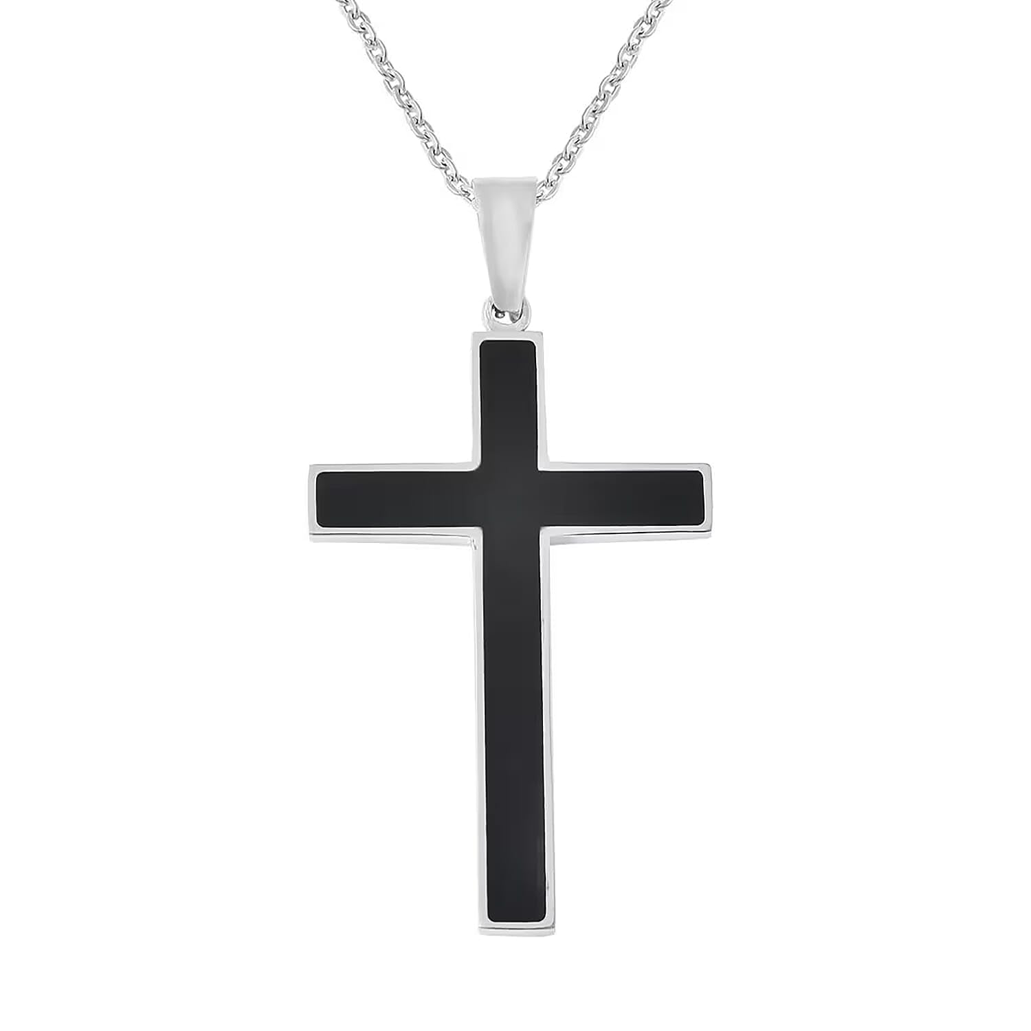 SHOP LC DELIVERING JOY Healing Pain Relief Black Shungite Inlay Cross Pendant Necklace size 24" Stainless Steel Catholic Faith Christian Religious Birthday Jewelry Birthday Christmas Gifts for Women