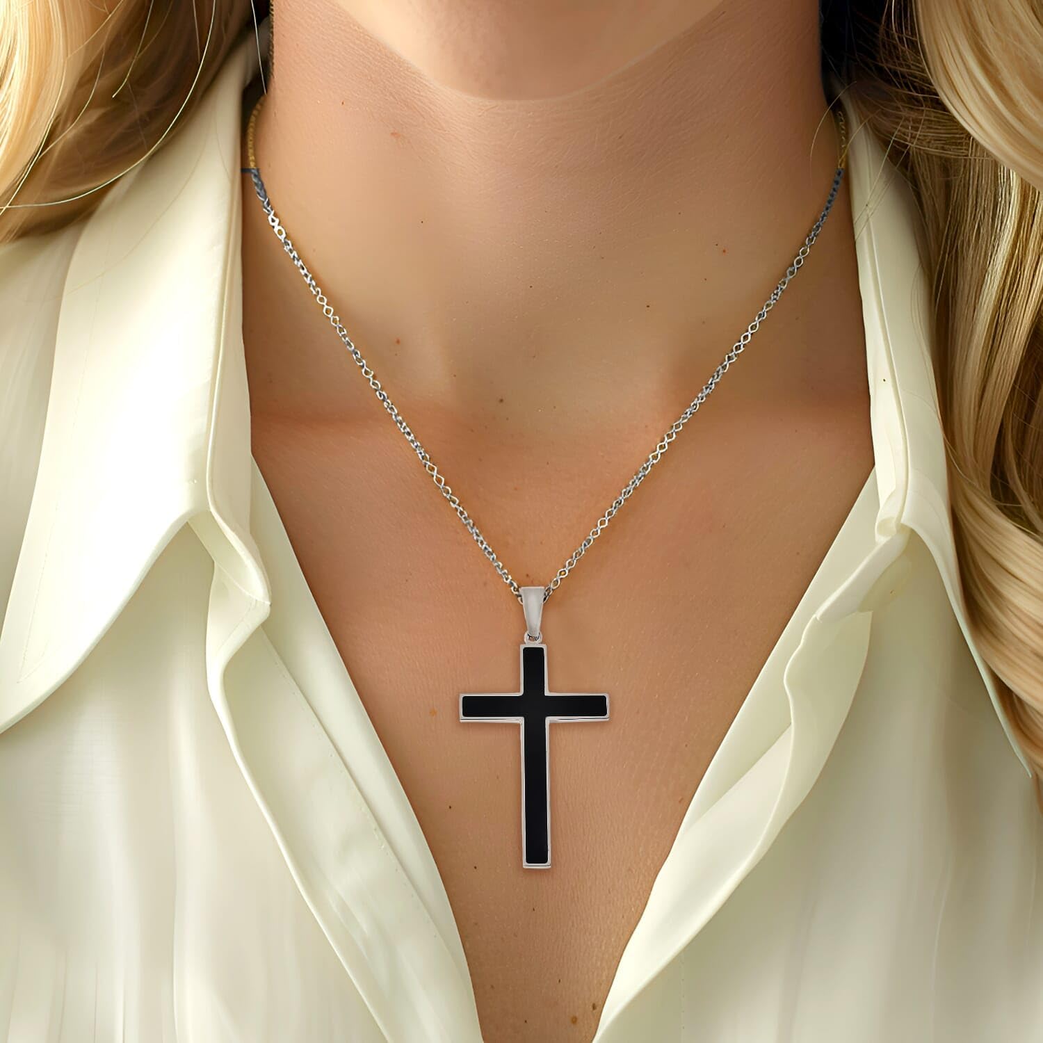 SHOP LC DELIVERING JOY Healing Pain Relief Black Shungite Inlay Cross Pendant Necklace size 24" Stainless Steel Catholic Faith Christian Religious Birthday Jewelry Birthday Christmas Gifts for Women - Image 2