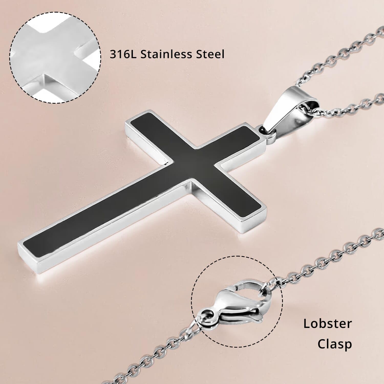 SHOP LC DELIVERING JOY Healing Pain Relief Black Shungite Inlay Cross Pendant Necklace size 24" Stainless Steel Catholic Faith Christian Religious Birthday Jewelry Birthday Christmas Gifts for Women - Image 3