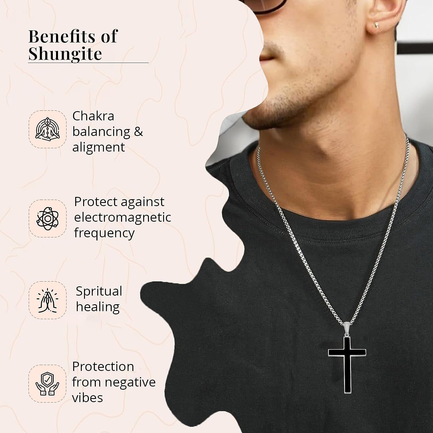 SHOP LC DELIVERING JOY Healing Pain Relief Black Shungite Inlay Cross Pendant Necklace size 24" Stainless Steel Catholic Faith Christian Religious Birthday Jewelry Birthday Christmas Gifts for Women - Image 4