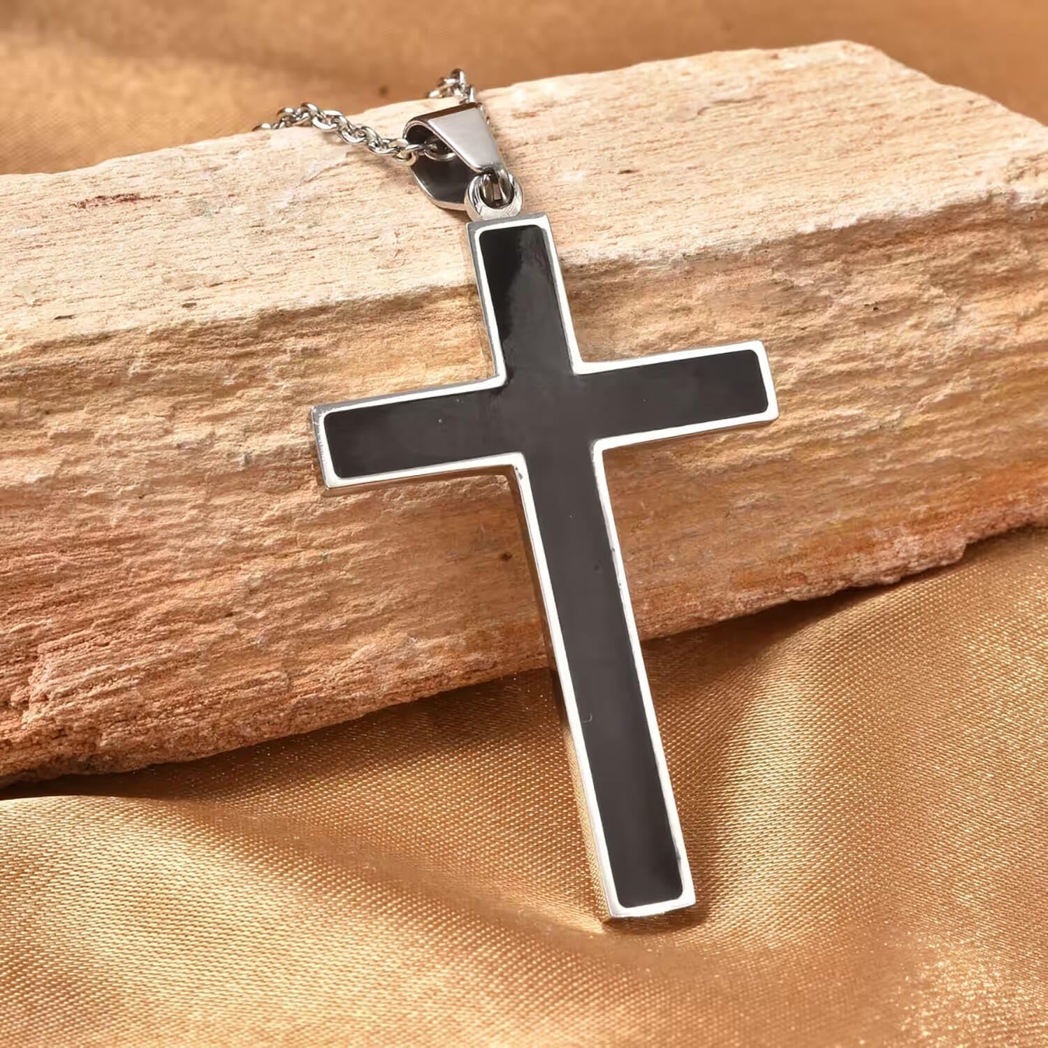 SHOP LC DELIVERING JOY Healing Pain Relief Black Shungite Inlay Cross Pendant Necklace size 24" Stainless Steel Catholic Faith Christian Religious Birthday Jewelry Birthday Christmas Gifts for Women - Image 6