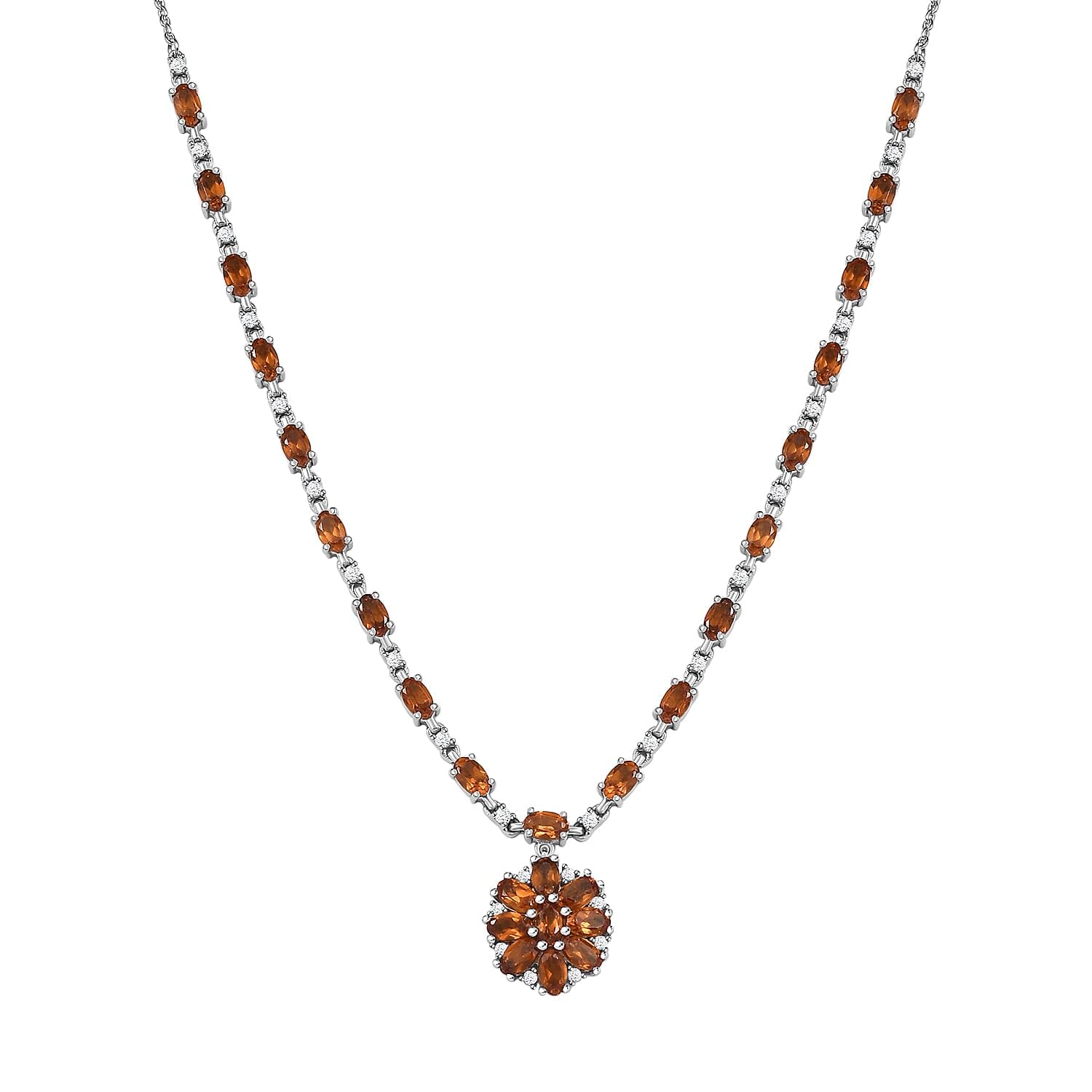 SHOP LC DELIVERING JOY Hessonite Garnet White Zircon 925 Sterling Silver Rhodium Plated Necklace for Women Jewelry Birthday Christmas Gifts Size 18" Ct 7.3