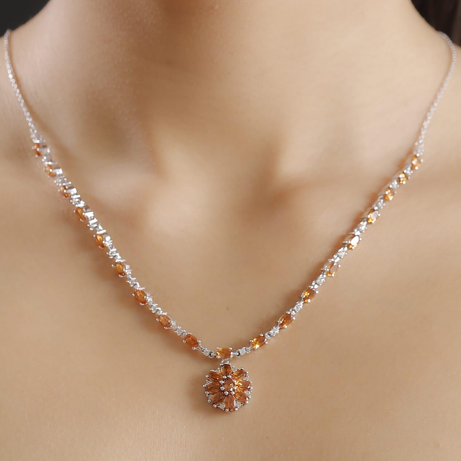 SHOP LC DELIVERING JOY Hessonite Garnet White Zircon 925 Sterling Silver Rhodium Plated Necklace for Women Jewelry Birthday Christmas Gifts Size 18" Ct 7.3 - Image 3