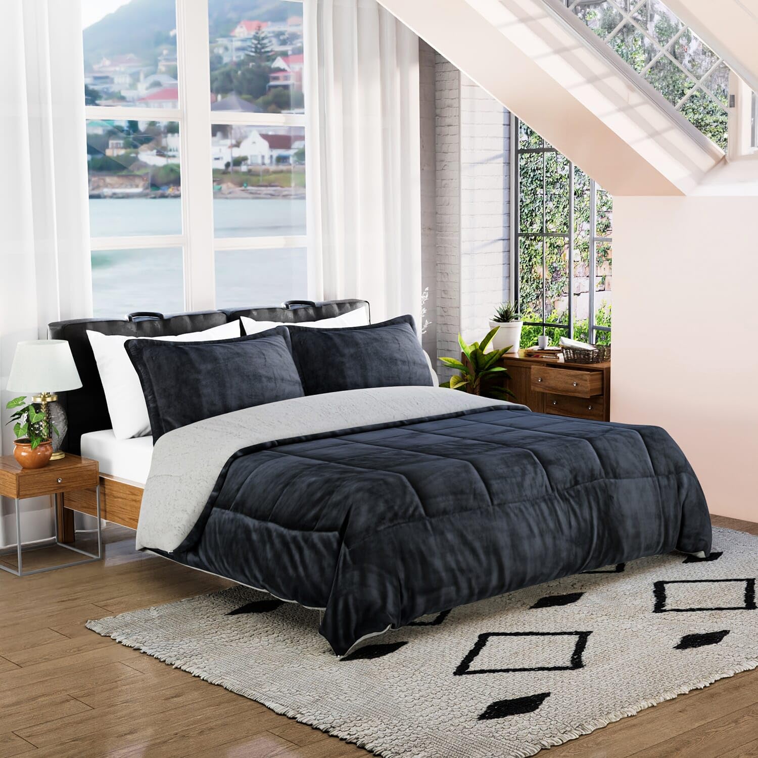 SHOP LC DELIVERING JOY Homesmart Gray 3 Layer Quilted Microfiber Flannel Sherpa Reversible Comforter Set of 2 Shams Breathable Durable Ultra Soft Warm Cozy Winter Bedding Set Birthday Gifts