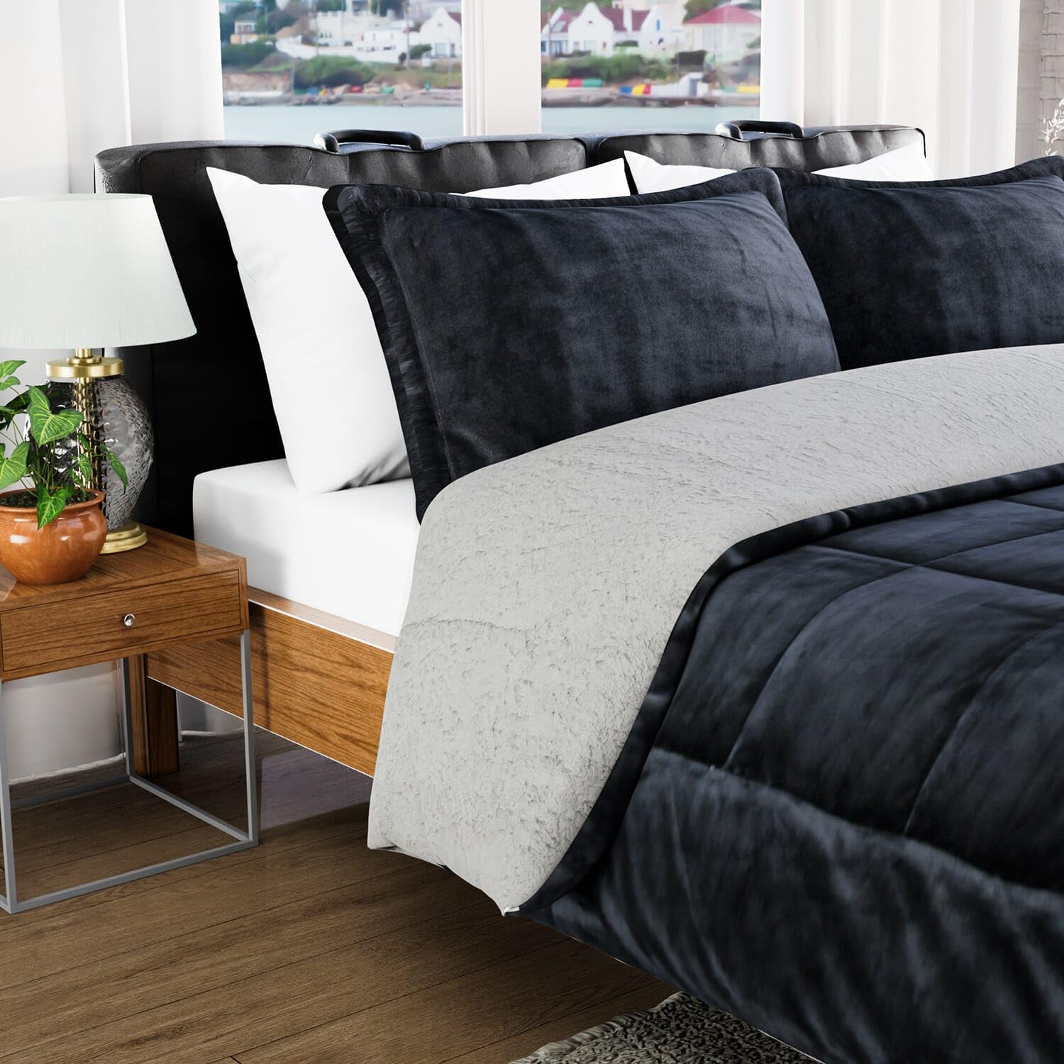 SHOP LC DELIVERING JOY Homesmart Gray 3 Layer Quilted Microfiber Flannel Sherpa Reversible Comforter Set of 2 Shams Breathable Durable Ultra Soft Warm Cozy Winter Bedding Set Birthday Gifts - Image 2