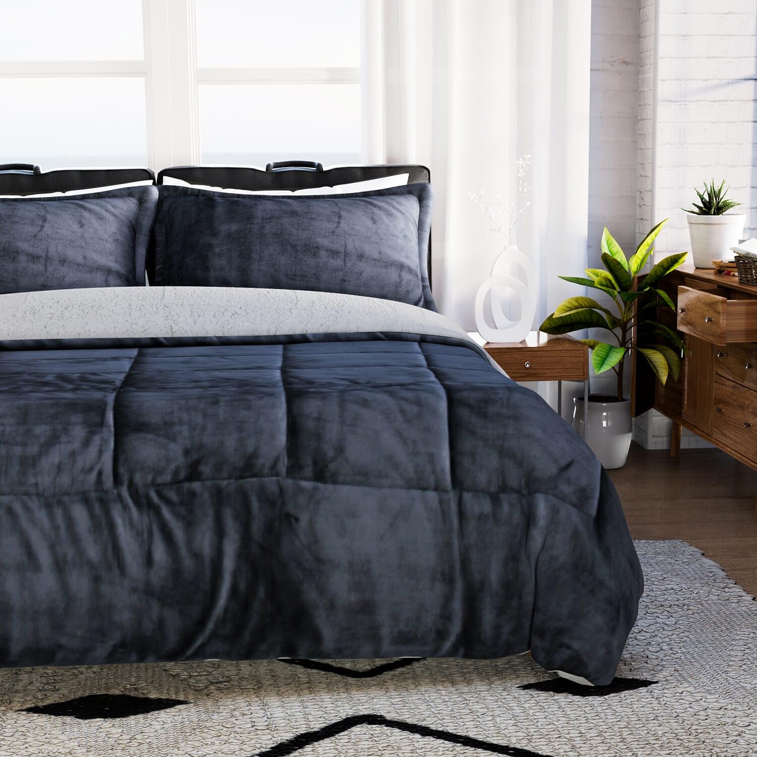 SHOP LC DELIVERING JOY Homesmart Gray 3 Layer Quilted Microfiber Flannel Sherpa Reversible Comforter Set of 2 Shams Breathable Durable Ultra Soft Warm Cozy Winter Bedding Set Birthday Gifts - Image 3