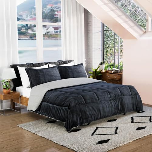 SHOP LC DELIVERING JOY Homesmart Gray 3 Layer Quilted Microfiber Flannel Sherpa Reversible Comforter Set of 2 Shams Breathable Durable Ultra Soft Warm Cozy Winter Bedding Set Birthday Gifts - Image 7