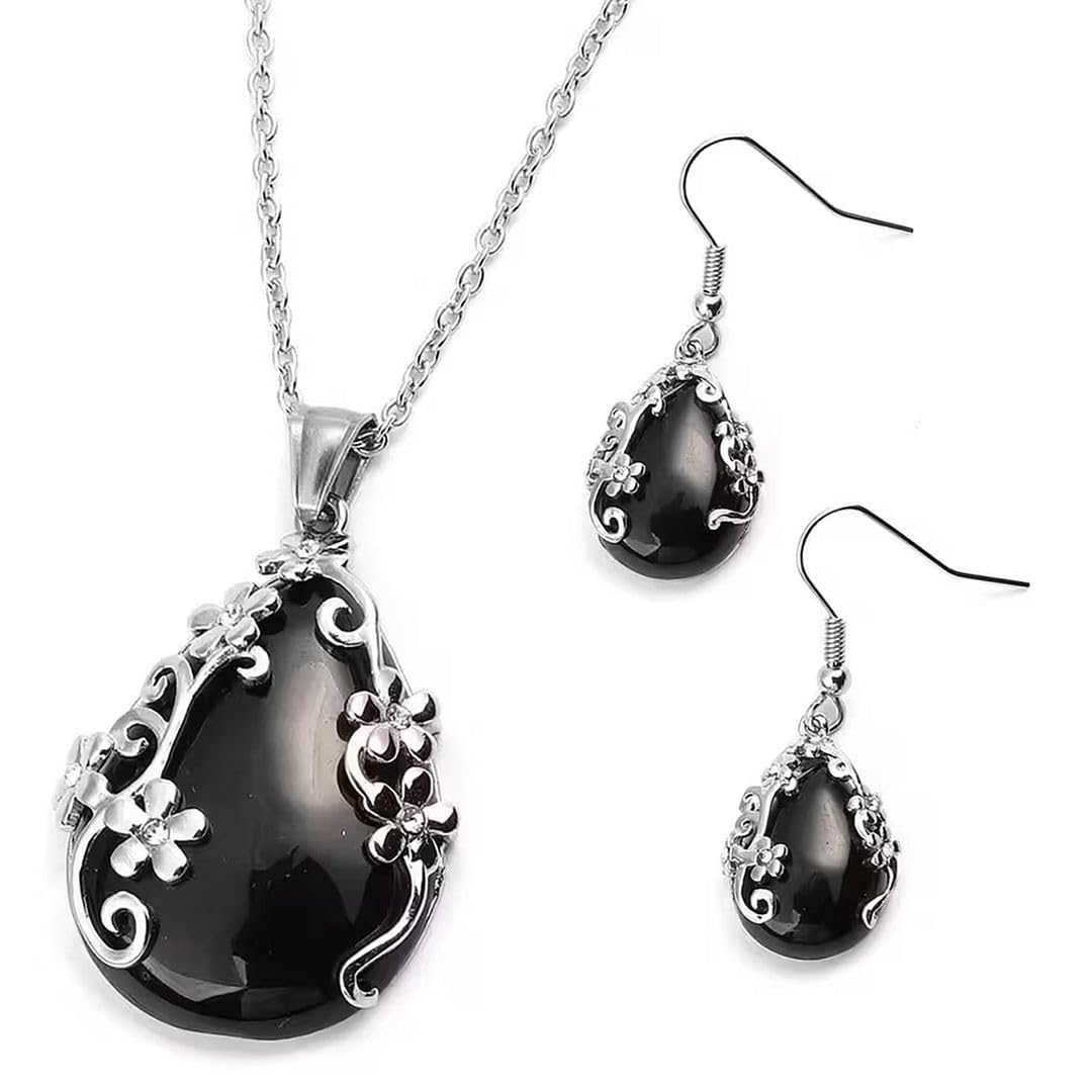 SHOP LC DELIVERING JOY Jewelry Set for Women - Floral Gemstone Necklace & Earring Sets - Lapis Lazuli, Black Onyx & Dendritic Pendant Necklaces & Dangle Earrings - 20" Necklace Length Gifts for Women