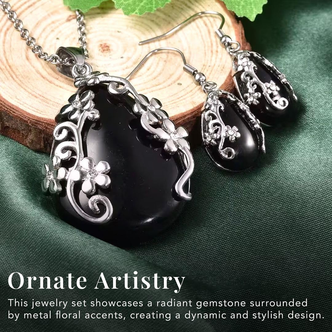 SHOP LC DELIVERING JOY Jewelry Set for Women - Floral Gemstone Necklace & Earring Sets - Lapis Lazuli, Black Onyx & Dendritic Pendant Necklaces & Dangle Earrings - 20" Necklace Length Gifts for Women - Image 3