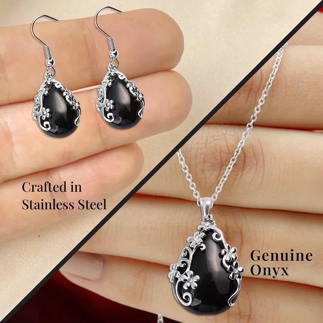 SHOP LC DELIVERING JOY Jewelry Set for Women - Floral Gemstone Necklace & Earring Sets - Lapis Lazuli, Black Onyx & Dendritic Pendant Necklaces & Dangle Earrings - 20" Necklace Length Gifts for Women - Image 4