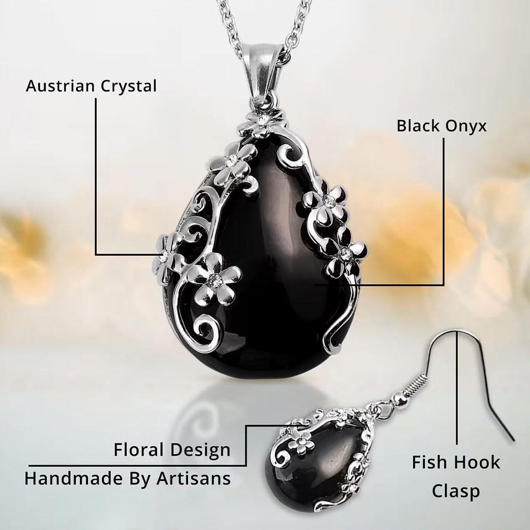 SHOP LC DELIVERING JOY Jewelry Set for Women - Floral Gemstone Necklace & Earring Sets - Lapis Lazuli, Black Onyx & Dendritic Pendant Necklaces & Dangle Earrings - 20" Necklace Length Gifts for Women - Image 5
