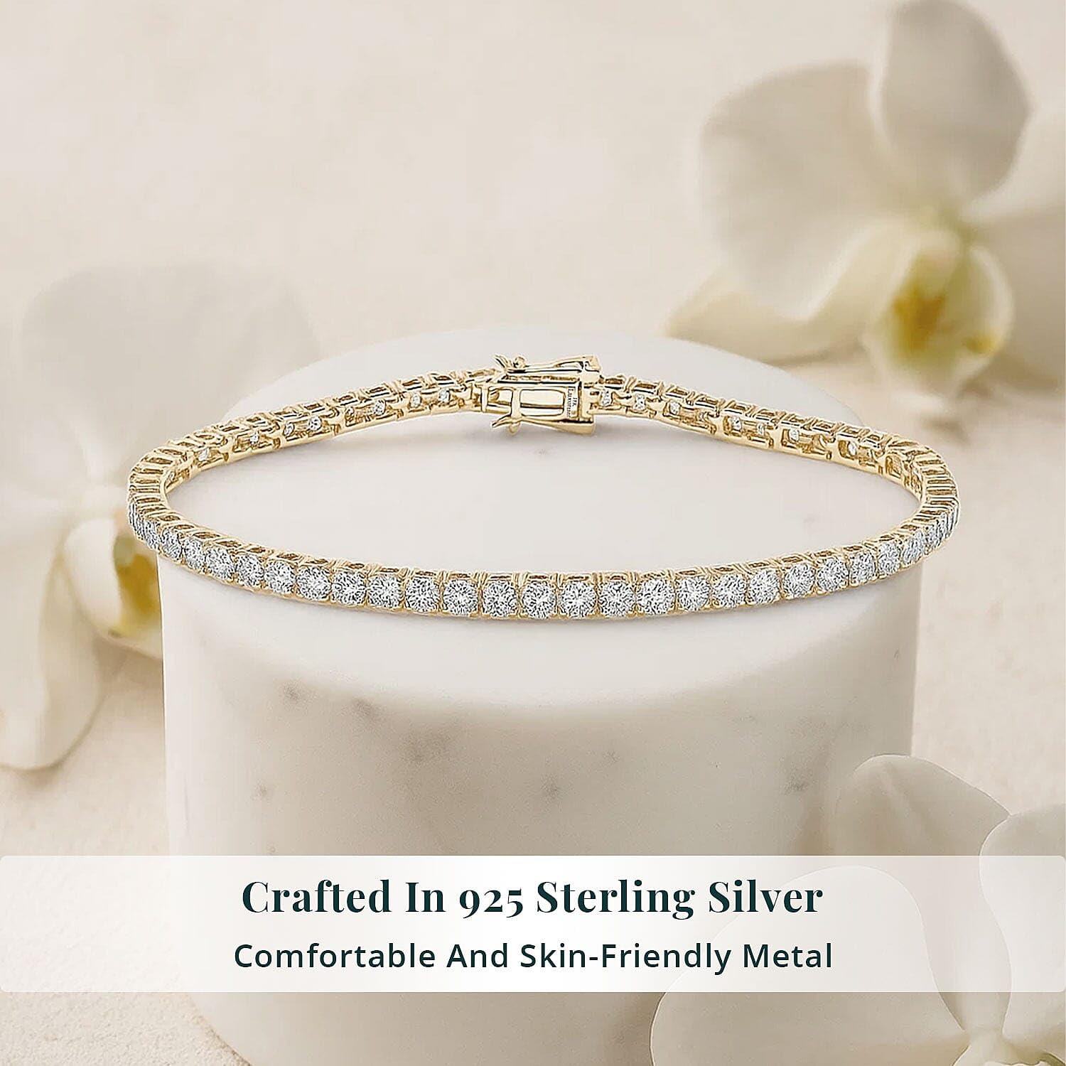 SHOP LC DELIVERING JOY Lab Grown White Diamond Round 925 Sterling Silver 18K Vermeil Yellow Gold Plated Tennis Bracelet for Women Jewelry Birthday Christmas Gifts Size 7.25" Ct 3 E-F Color VS Clarity - Image 3