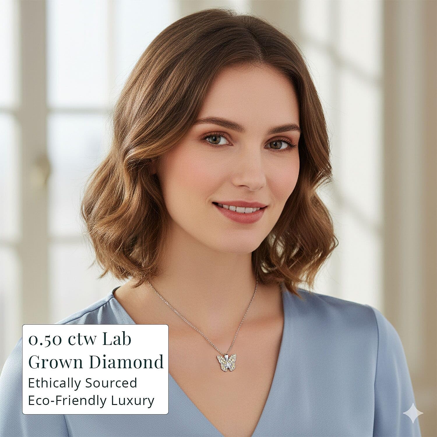 SHOP LC DELIVERING JOY Luxuriant Lab Grown Yellow Diamond IR and Lab Grown Diamond VS 0.50 ctw Butterfly Pendant Necklace in Rhodium Over Sterling Silver 20 Inches Christmas Gifts