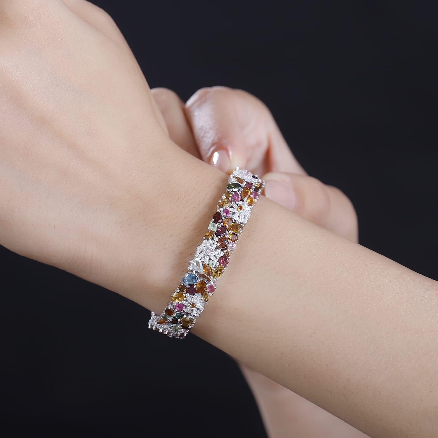 SHOP LC DELIVERING JOY Multi-Tourmaline Moissanite Oval 925 Sterling Silver Rhodium Plated Bracelet for Women Jewelry Birthday Christmas Gifts Size 7.25" Ct 13.72 - Image 3
