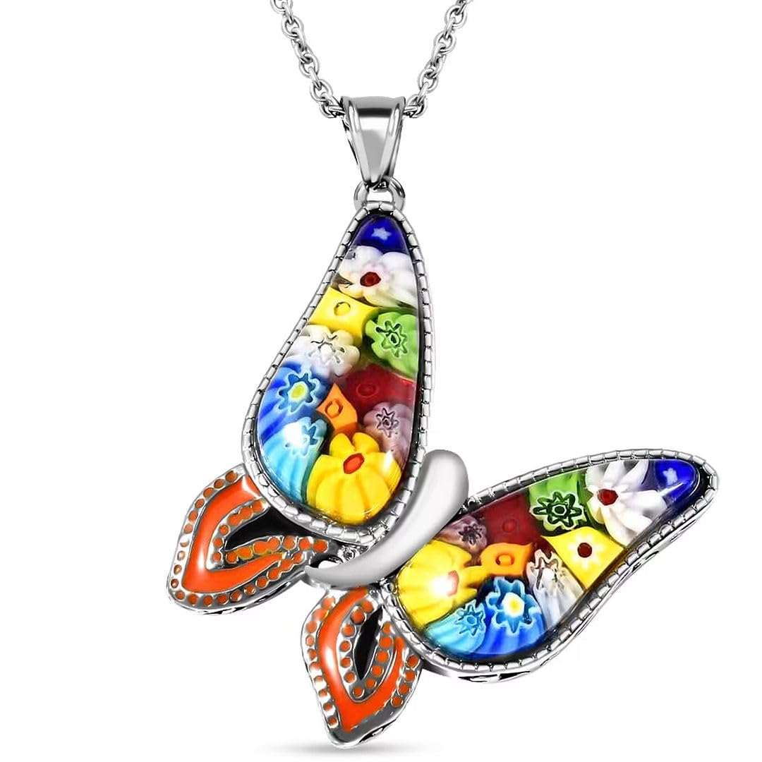 SHOP LC DELIVERING JOY Murano Style Millefiori Glass Butterfly Necklaces for Women - Colorful Boho Necklaces for Women - Beach Jewelry Anniversary Engagement Stainless Steel 20 Inches Christmas Gifts