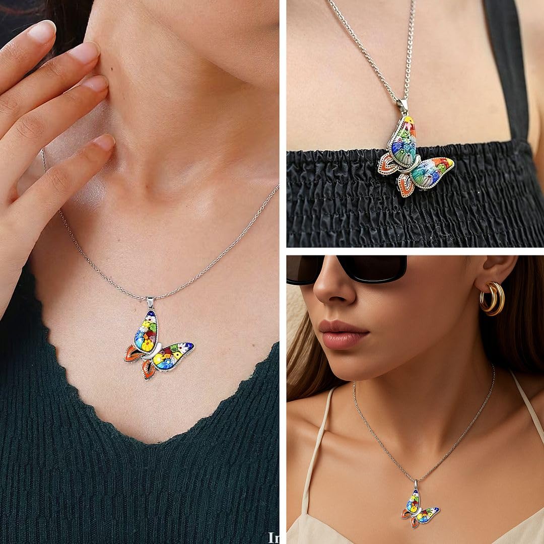 SHOP LC DELIVERING JOY Murano Style Millefiori Glass Butterfly Necklaces for Women - Colorful Boho Necklaces for Women - Beach Jewelry Anniversary Engagement Stainless Steel 20 Inches Christmas Gifts - Image 2