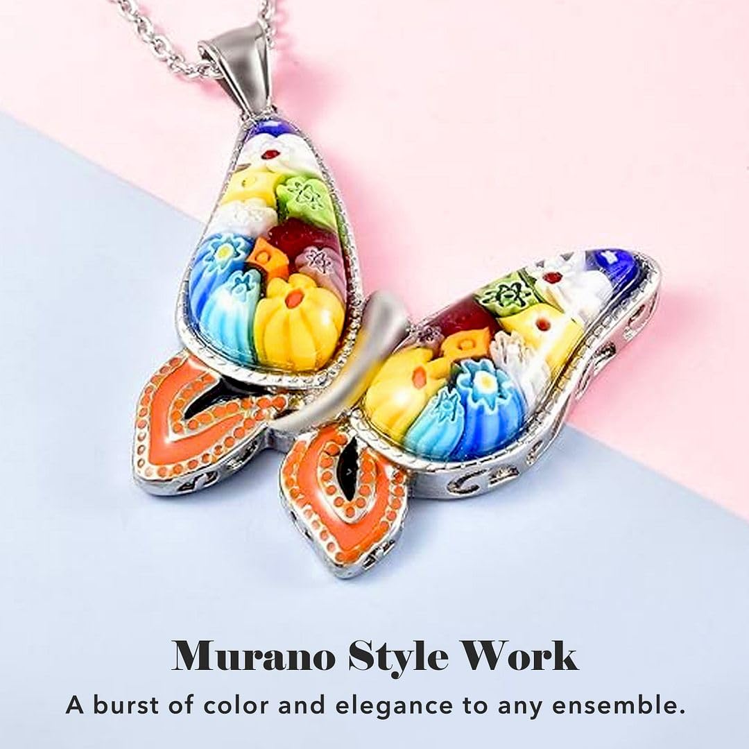 SHOP LC DELIVERING JOY Murano Style Millefiori Glass Butterfly Necklaces for Women - Colorful Boho Necklaces for Women - Beach Jewelry Anniversary Engagement Stainless Steel 20 Inches Christmas Gifts - Image 3