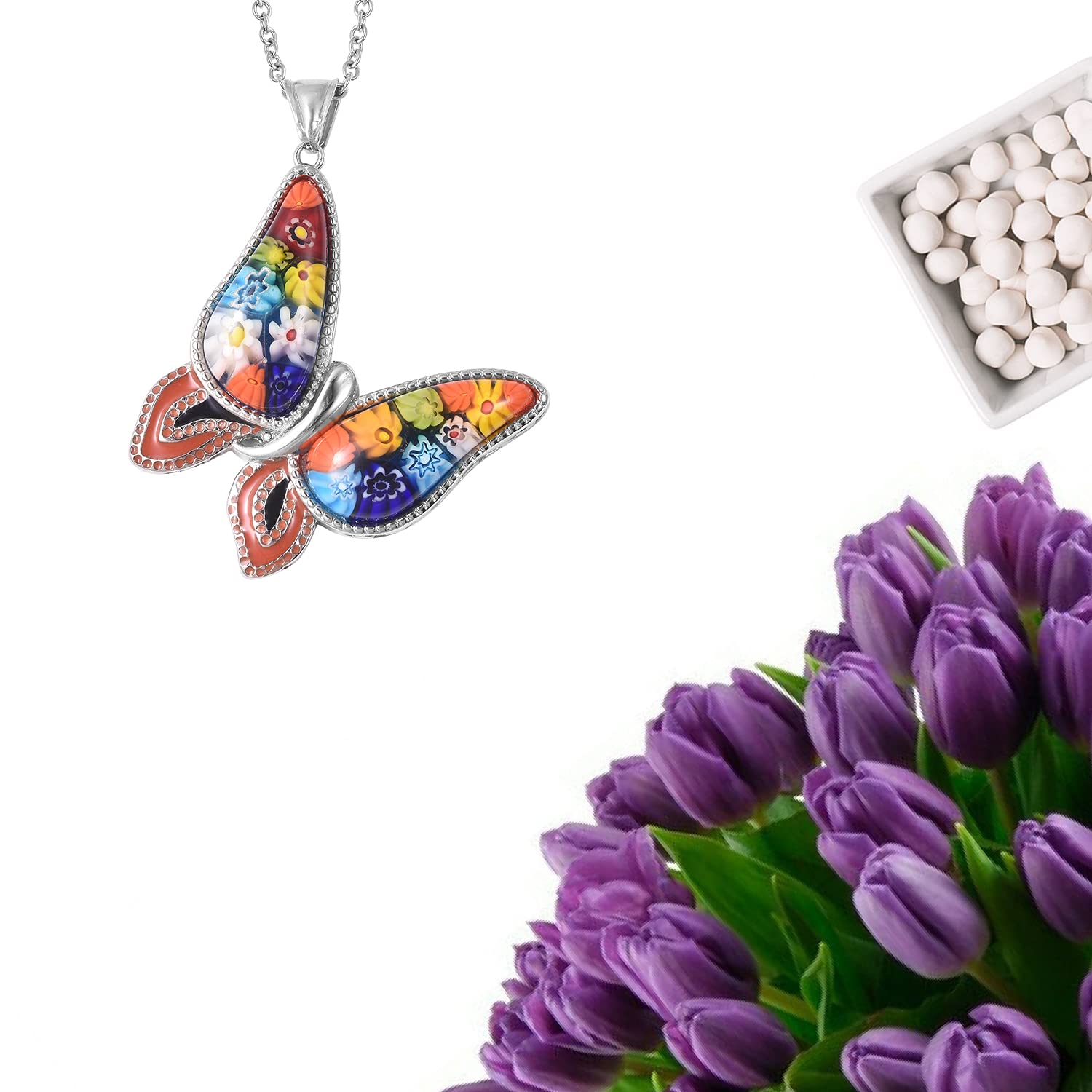 SHOP LC DELIVERING JOY Murano Style Millefiori Glass Butterfly Necklaces for Women - Colorful Boho Necklaces for Women - Beach Jewelry Anniversary Engagement Stainless Steel 20 Inches Christmas Gifts - Image 7