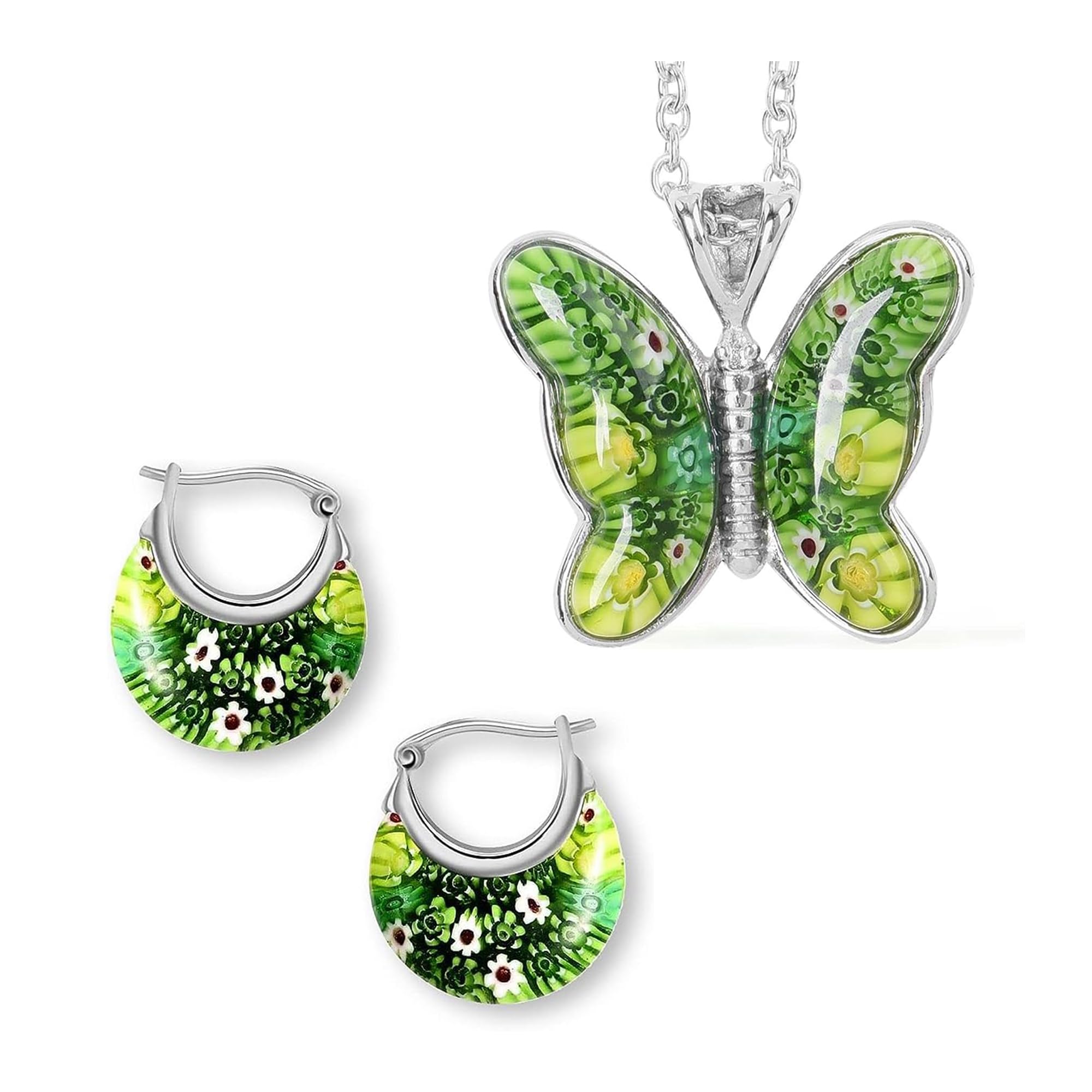 SHOP LC DELIVERING JOY Murano Style Millefiori Glass Colorful Flower Hoop Earrings Butterfly Necklace for Women Murano Glass Jewelry Trendy Gifts