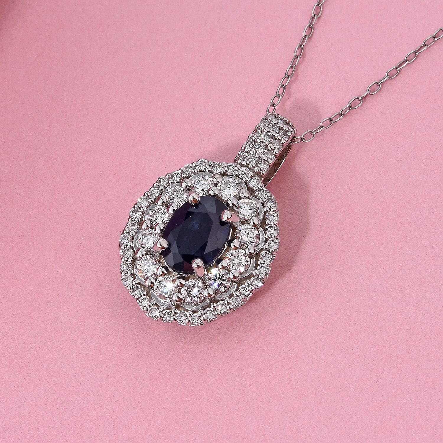 SHOP LC DELIVERING JOY Premium Blue Sapphire and Luxuriant Lab Grown Diamond SI 1.65 ctw Crown Radiance Pendant Necklace in 10K White Gold 18 Inches Christmas Gifts