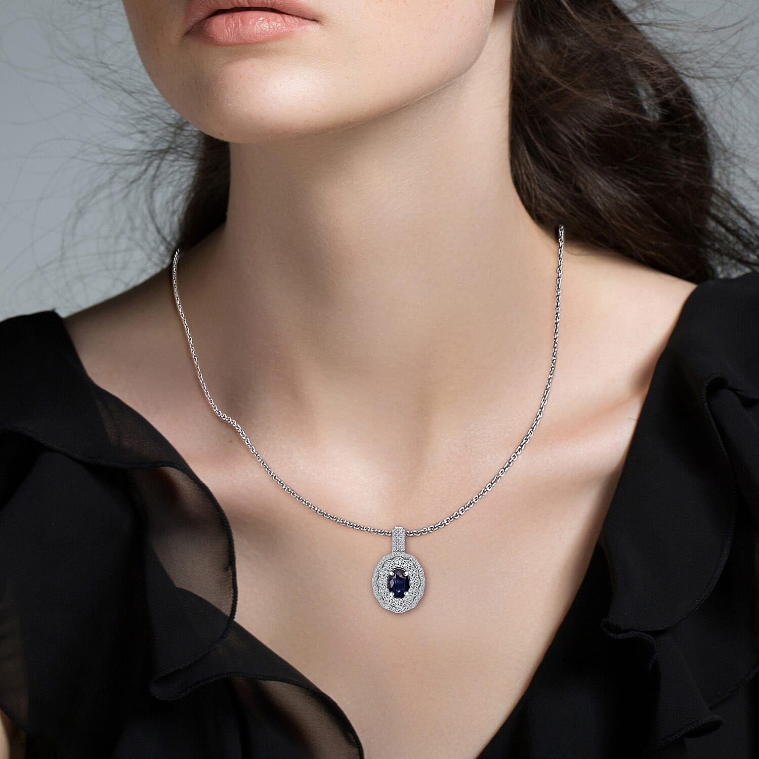 SHOP LC DELIVERING JOY Premium Blue Sapphire and Luxuriant Lab Grown Diamond SI 1.65 ctw Crown Radiance Pendant Necklace in 10K White Gold 18 Inches Christmas Gifts - Image 2