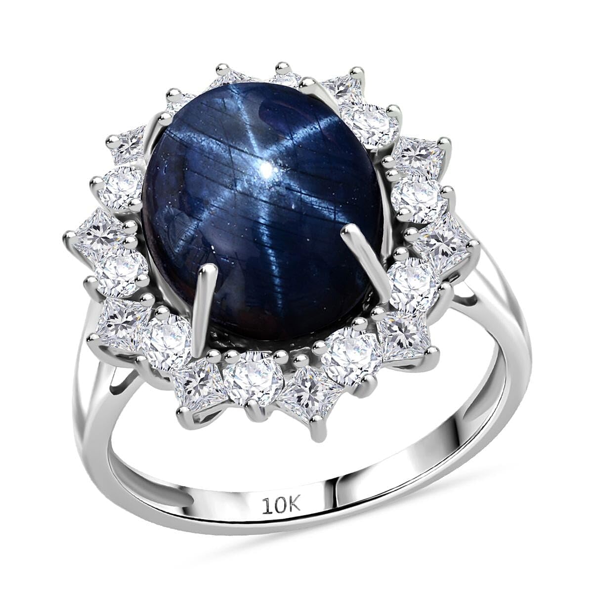 SHOP LC DELIVERING JOY Premium Blue Star Sapphire DF 10 and Moissanite 9.15 ctw Starborn Majesty Ring in 10K White Gold Size 10 Christmas Gifts