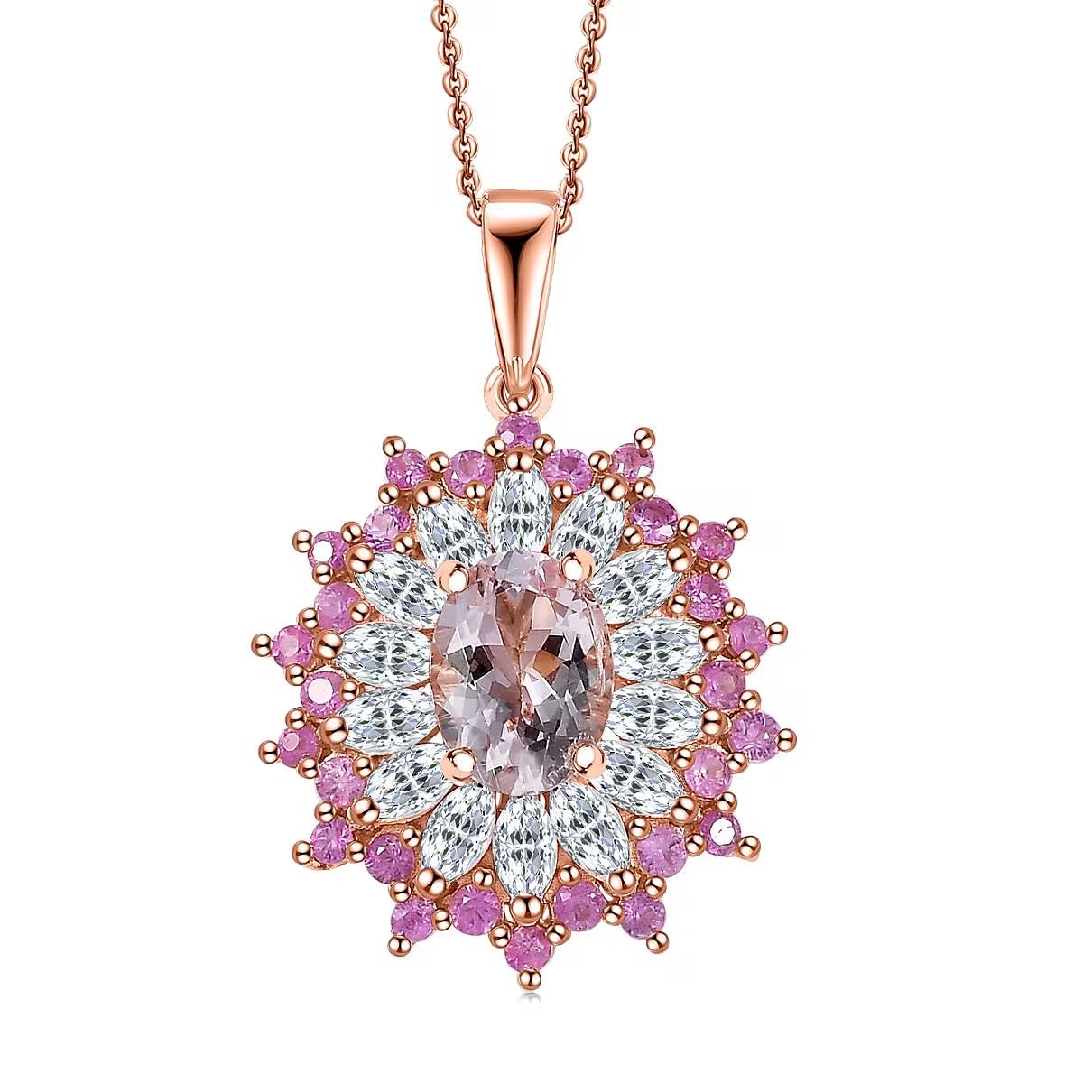 SHOP LC DELIVERING JOY Premium Pink Morganite and Multi Gemstone 2.25 ctw Rose Sunburst Pendant Necklace in 18K Vermeil Rose Gold Over Sterling Silver 20 Inches Christmas Gifts