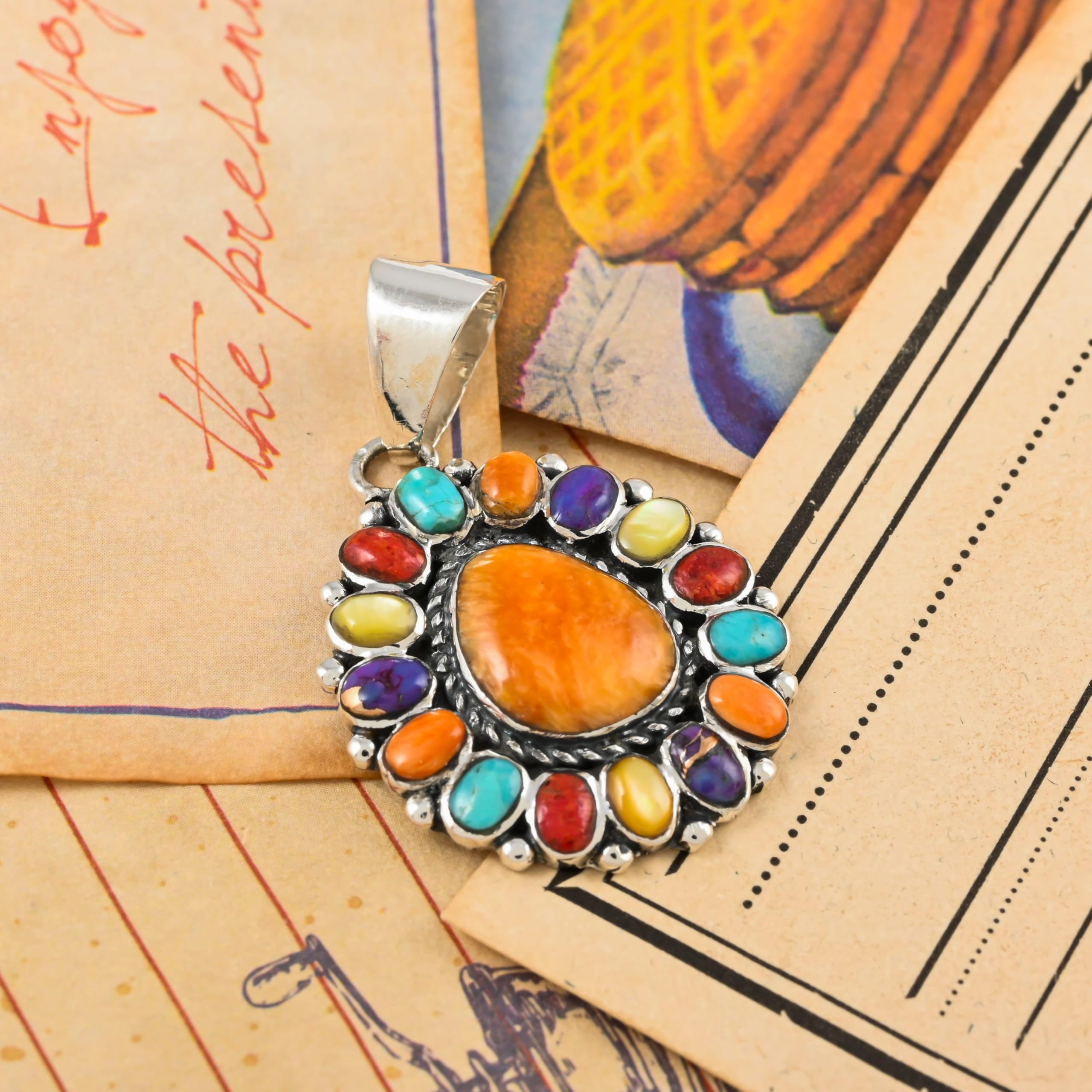 SHOP LC DELIVERING JOY Santa Fe Style 925 Sterling Silver Multi Turquoise Pendant for Women Jewelry Birthday Christmas Gifts for Women - Image 2