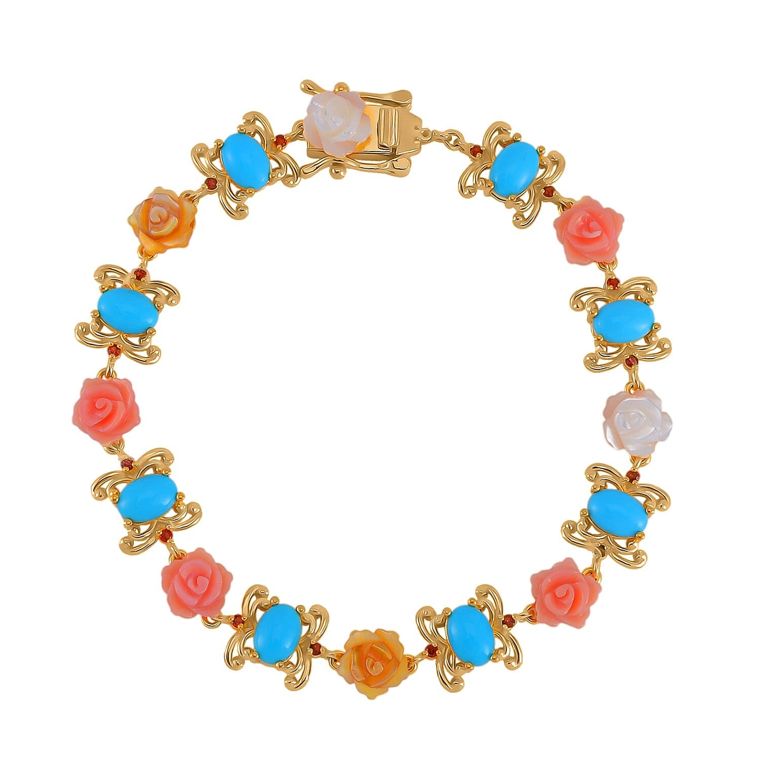 SHOP LC DELIVERING JOY Sleeping Beauty Turquoise Multi Color Mother Of Pearl Carved and Garnet 5.65 ctw Floral Bracelet in Vermeil Yellow Gold Over Sterling Silver 7.50 In Christmas Gifts