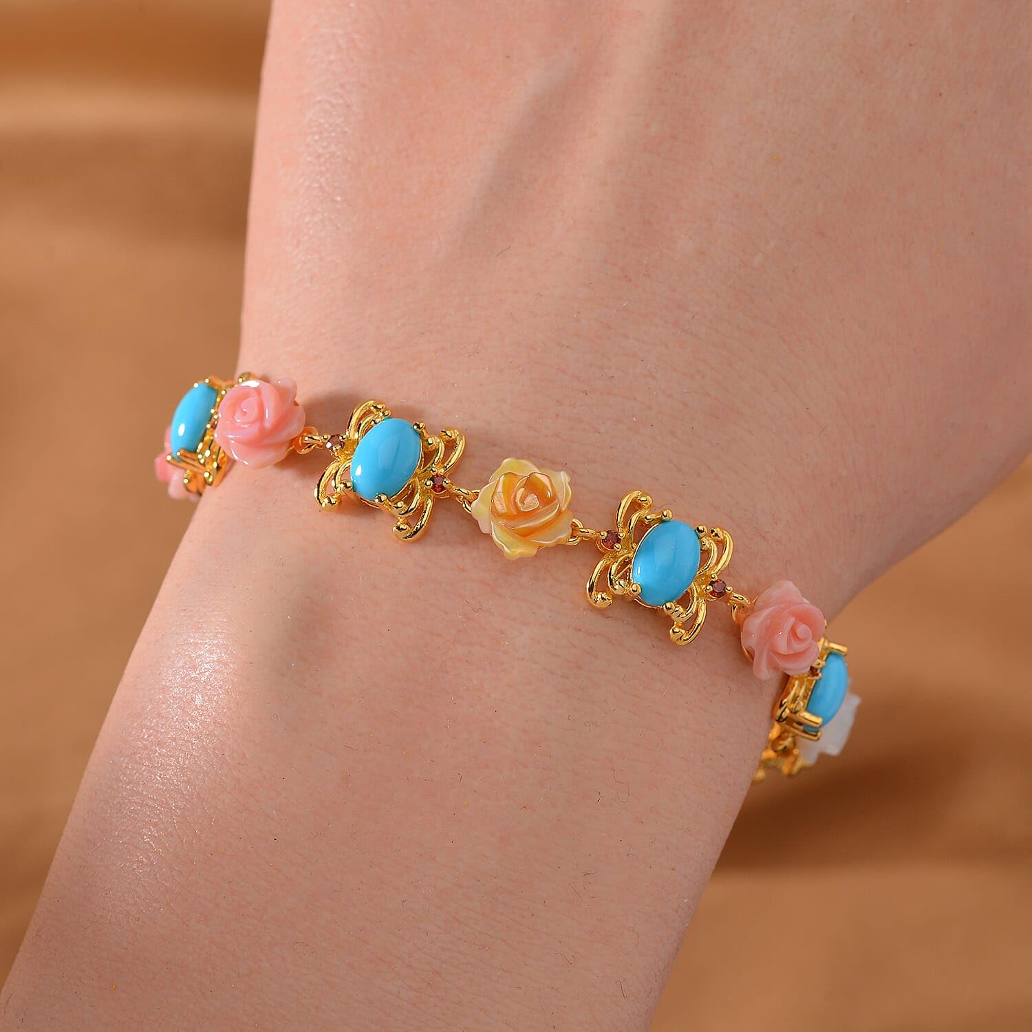 SHOP LC DELIVERING JOY Sleeping Beauty Turquoise Multi Color Mother Of Pearl Carved and Garnet 5.65 ctw Floral Bracelet in Vermeil Yellow Gold Over Sterling Silver 7.50 In Christmas Gifts - Image 2