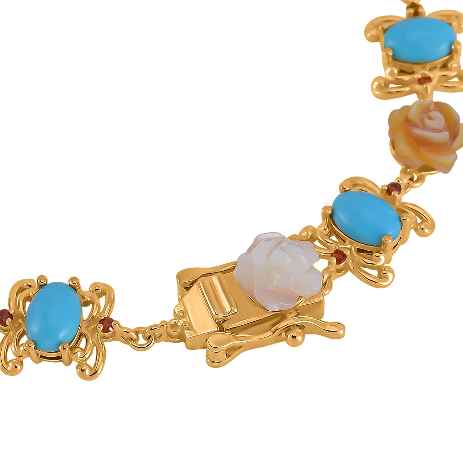 SHOP LC DELIVERING JOY Sleeping Beauty Turquoise Multi Color Mother Of Pearl Carved and Garnet 5.65 ctw Floral Bracelet in Vermeil Yellow Gold Over Sterling Silver 7.50 In Christmas Gifts - Image 3