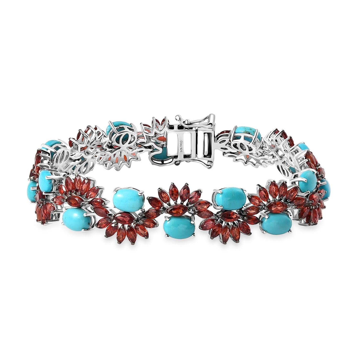 SHOP LC DELIVERING JOY Sleeping Beauty Turquoise Red Garnet Oval Rhodium Plated 925 Sterling Silver Bracelet for Women Jewelry Birthday Christmas Gifts Size 7.25 Inches Ct 23.47