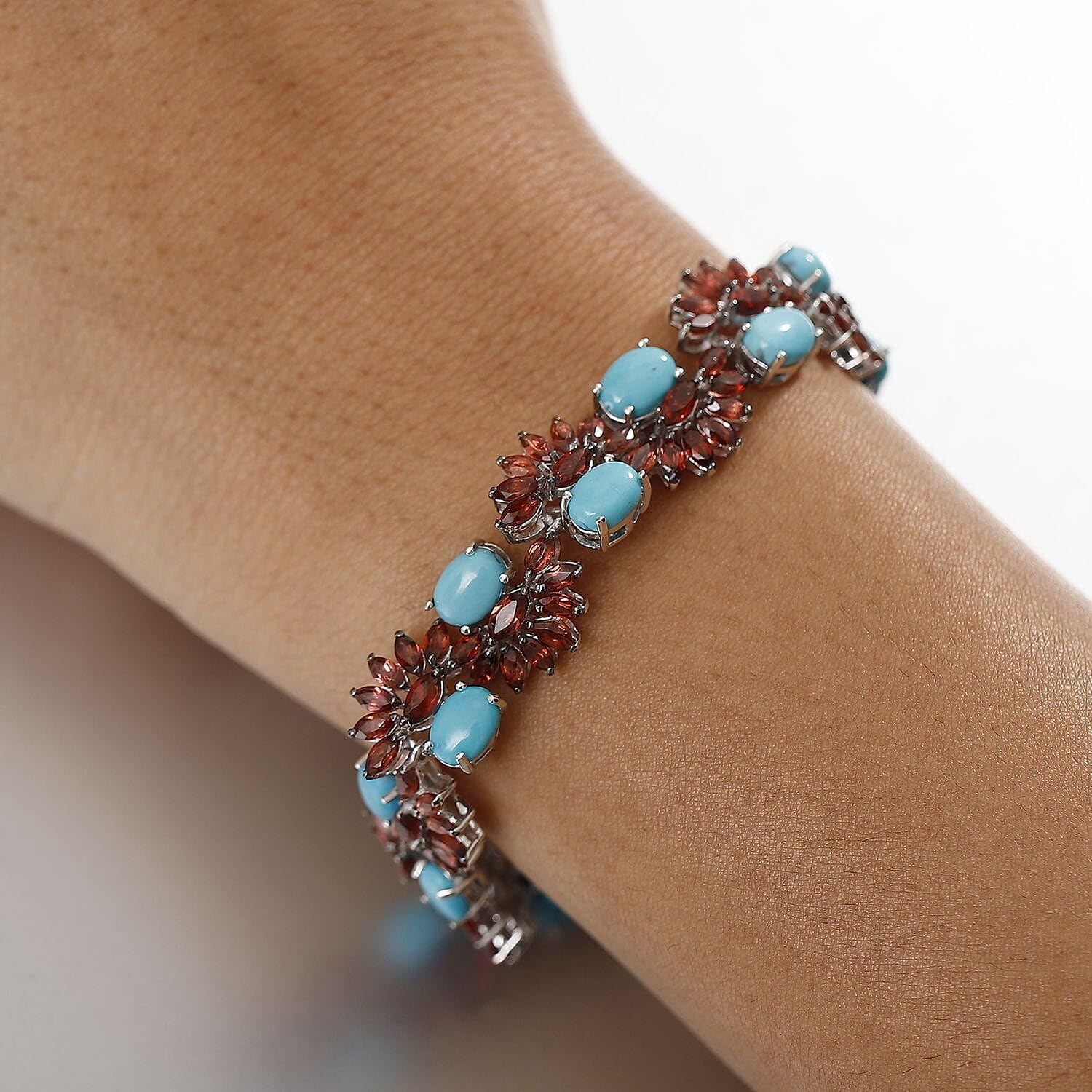 SHOP LC DELIVERING JOY Sleeping Beauty Turquoise Red Garnet Oval Rhodium Plated 925 Sterling Silver Bracelet for Women Jewelry Birthday Christmas Gifts Size 7.25 Inches Ct 23.47 - Image 3
