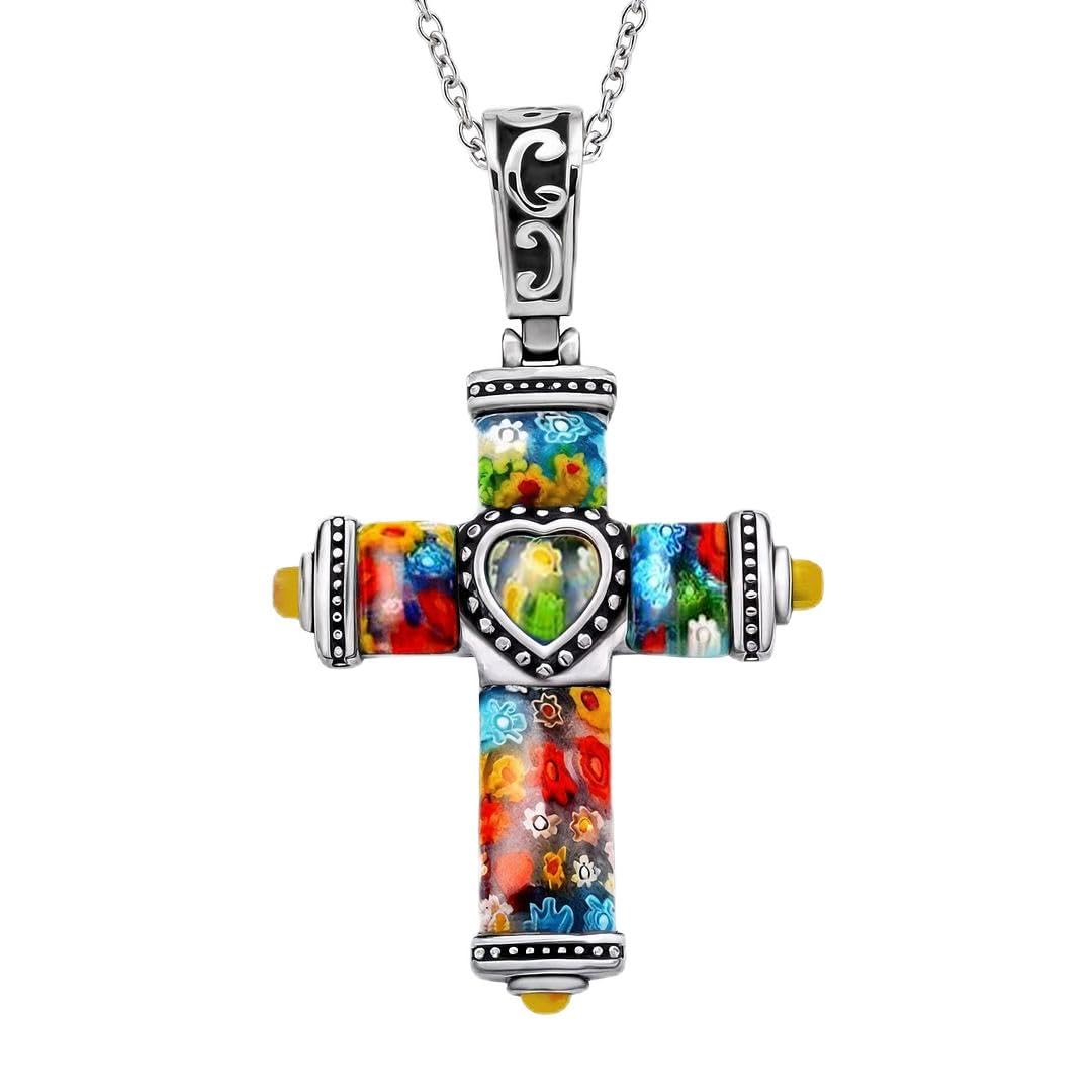 SHOP LC DELIVERING JOY Stainless Steel Glass Murano Style Multi Color Beaded Cross Choker Pendant Necklace Delicate size 20" Catholic Faith Christian Religious Statement Jewelry Gifts for Women