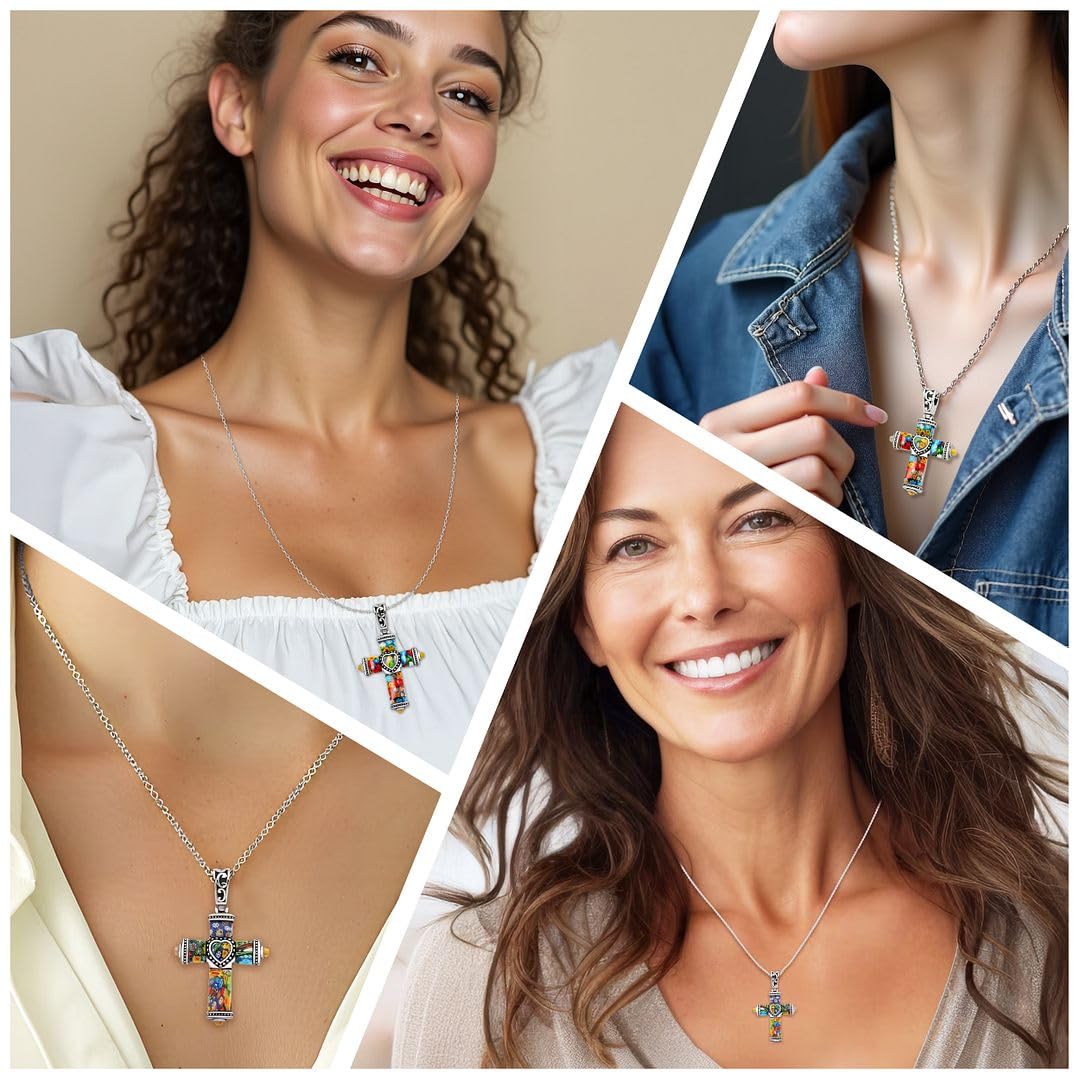 SHOP LC DELIVERING JOY Stainless Steel Glass Murano Style Multi Color Beaded Cross Choker Pendant Necklace Delicate size 20" Catholic Faith Christian Religious Statement Jewelry Gifts for Women - Image 2