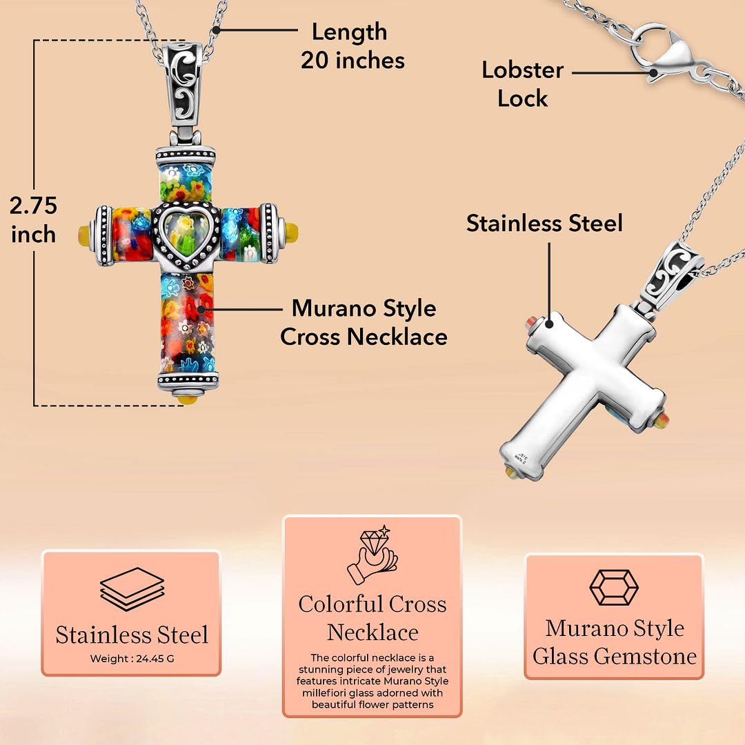 SHOP LC DELIVERING JOY Stainless Steel Glass Murano Style Multi Color Beaded Cross Choker Pendant Necklace Delicate size 20" Catholic Faith Christian Religious Statement Jewelry Gifts for Women - Image 3