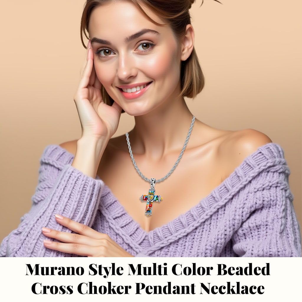 SHOP LC DELIVERING JOY Stainless Steel Glass Murano Style Multi Color Beaded Cross Choker Pendant Necklace Delicate size 20" Catholic Faith Christian Religious Statement Jewelry Gifts for Women - Image 4