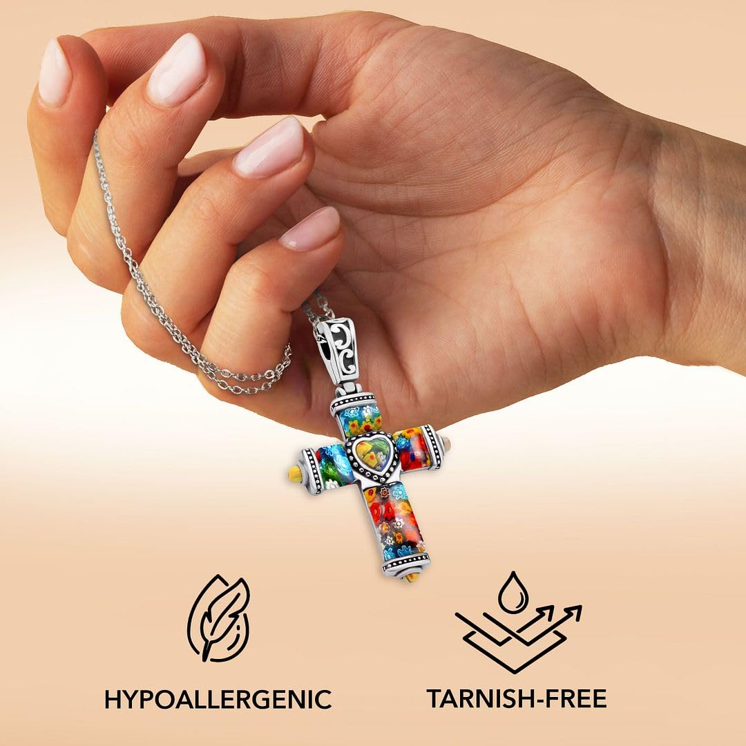 SHOP LC DELIVERING JOY Stainless Steel Glass Murano Style Multi Color Beaded Cross Choker Pendant Necklace Delicate size 20" Catholic Faith Christian Religious Statement Jewelry Gifts for Women - Image 5