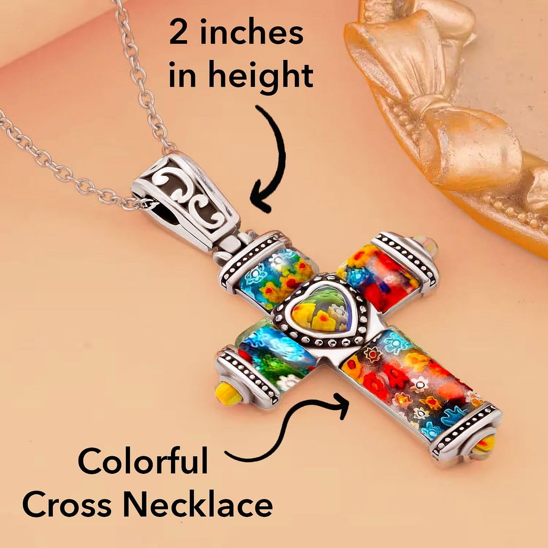 SHOP LC DELIVERING JOY Stainless Steel Glass Murano Style Multi Color Beaded Cross Choker Pendant Necklace Delicate size 20" Catholic Faith Christian Religious Statement Jewelry Gifts for Women - Image 6