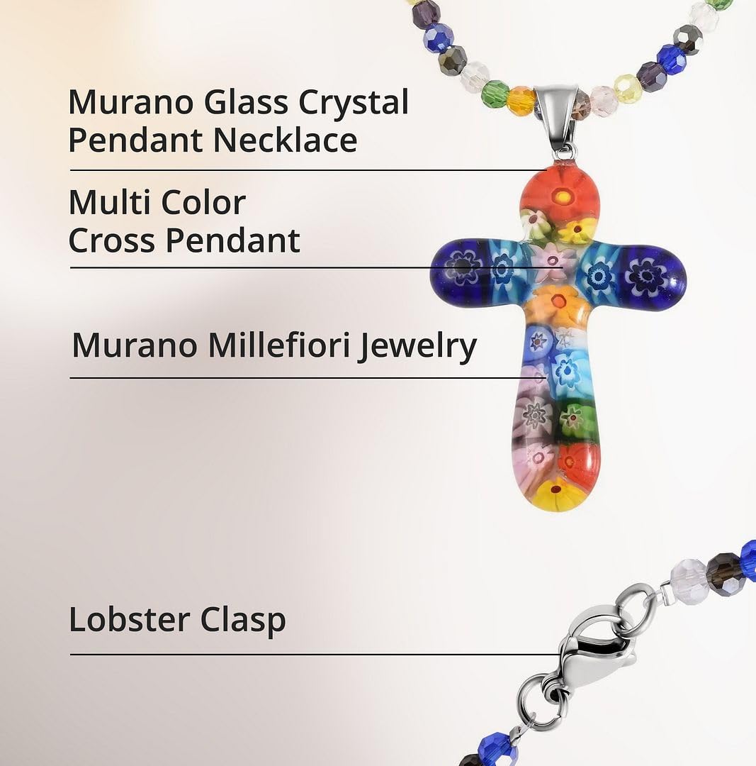 SHOP LC DELIVERING JOY Stainless Steel Glass Murano Style Multi Color Beaded Cross Choker Pendant Necklace Delicate size 20" Catholic Faith Christian Religious Statement Jewelry Gifts for Women - Image 4