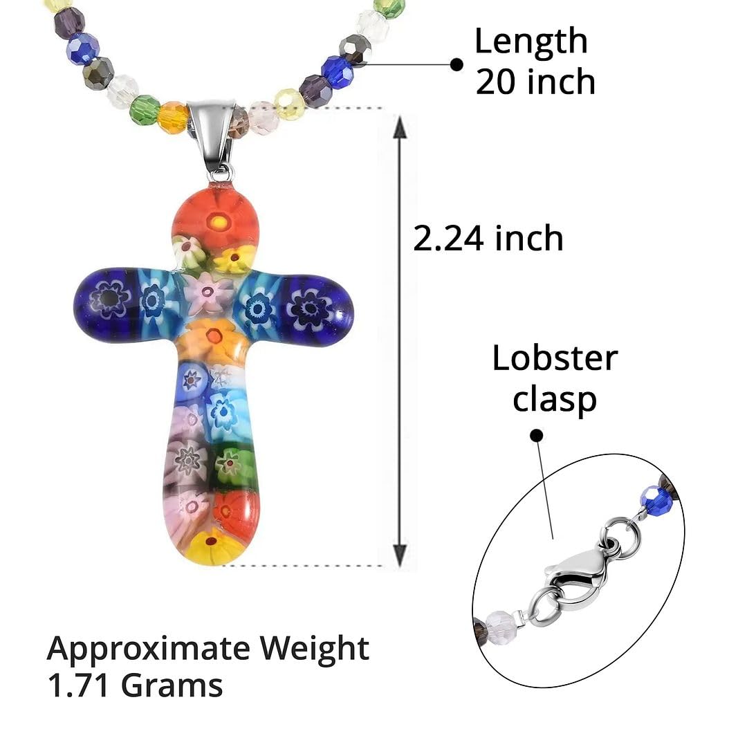 SHOP LC DELIVERING JOY Stainless Steel Glass Murano Style Multi Color Beaded Cross Choker Pendant Necklace Delicate size 20" Catholic Faith Christian Religious Statement Jewelry Gifts for Women - Image 5