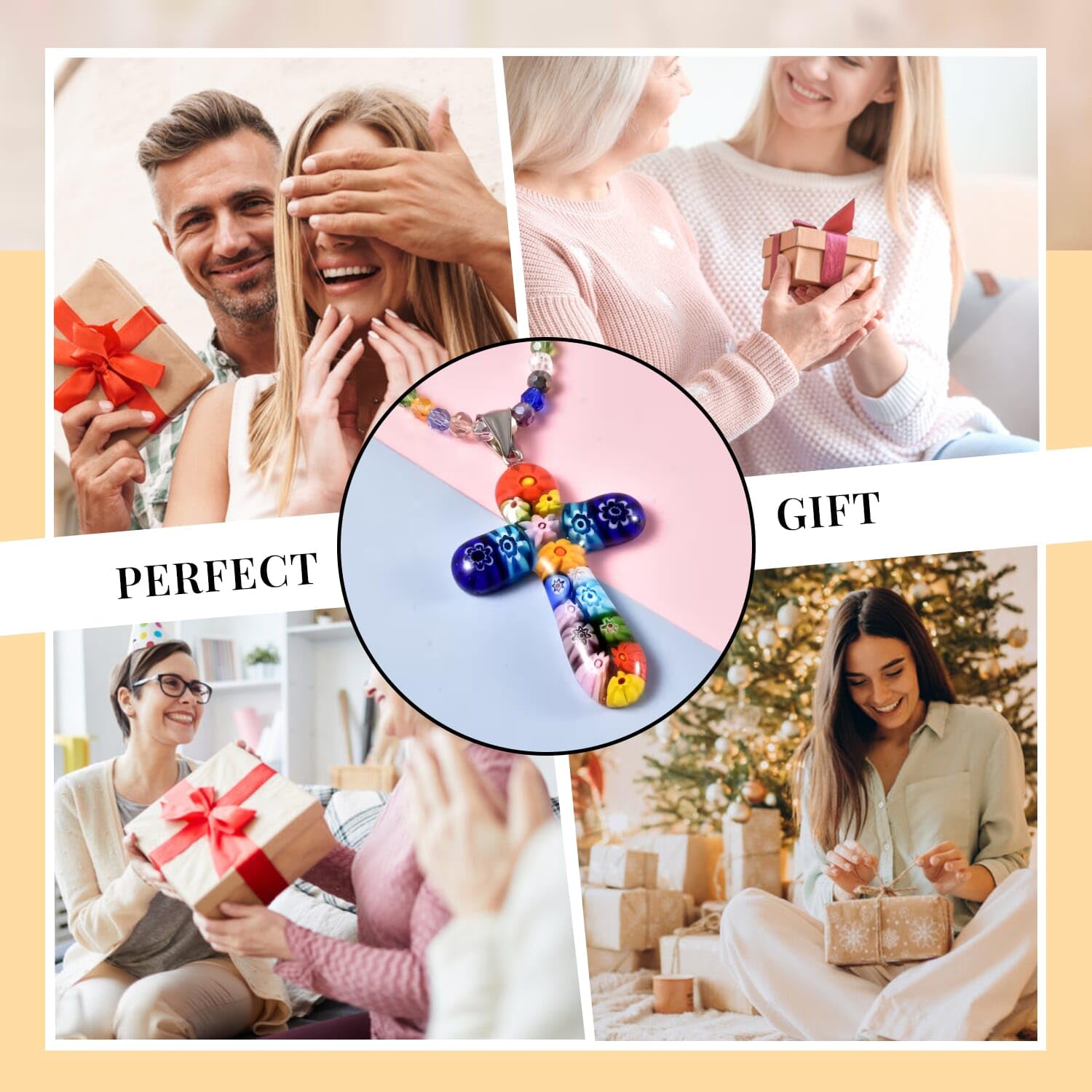 SHOP LC DELIVERING JOY Stainless Steel Glass Murano Style Multi Color Beaded Cross Choker Pendant Necklace Delicate size 20" Catholic Faith Christian Religious Statement Jewelry Gifts for Women - Image 6