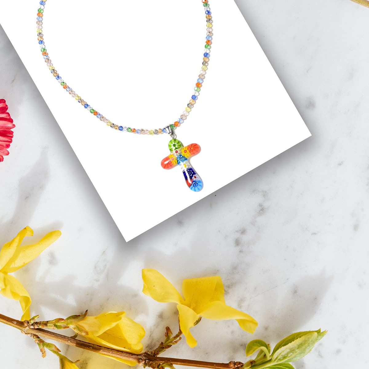 SHOP LC DELIVERING JOY Stainless Steel Glass Murano Style Multi Color Beaded Cross Choker Pendant Necklace Delicate size 20" Catholic Faith Christian Religious Statement Jewelry Gifts for Women - Image 7