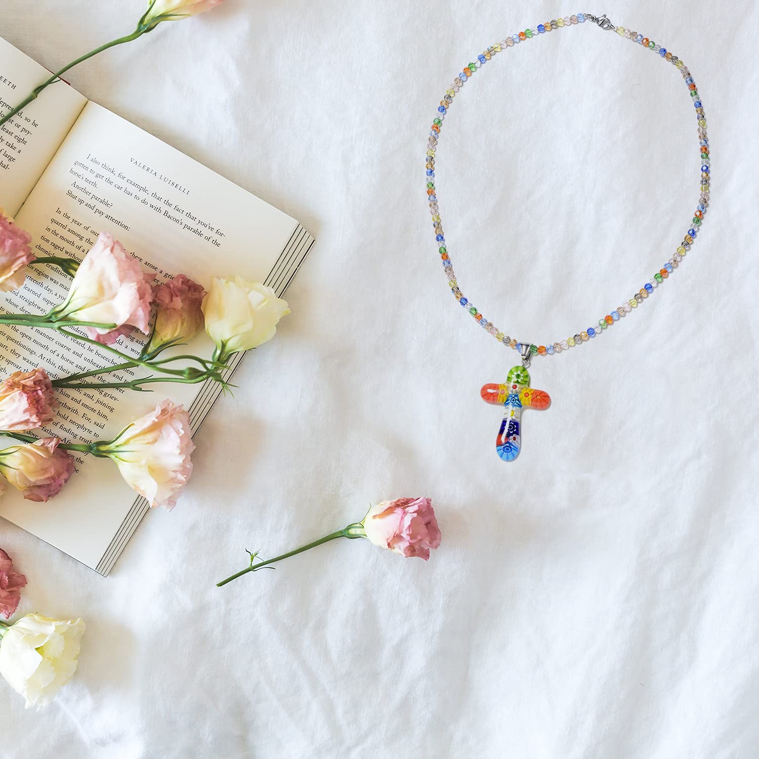 SHOP LC DELIVERING JOY Stainless Steel Glass Murano Style Multi Color Beaded Cross Choker Pendant Necklace Delicate size 20" Catholic Faith Christian Religious Statement Jewelry Gifts for Women - Image 8