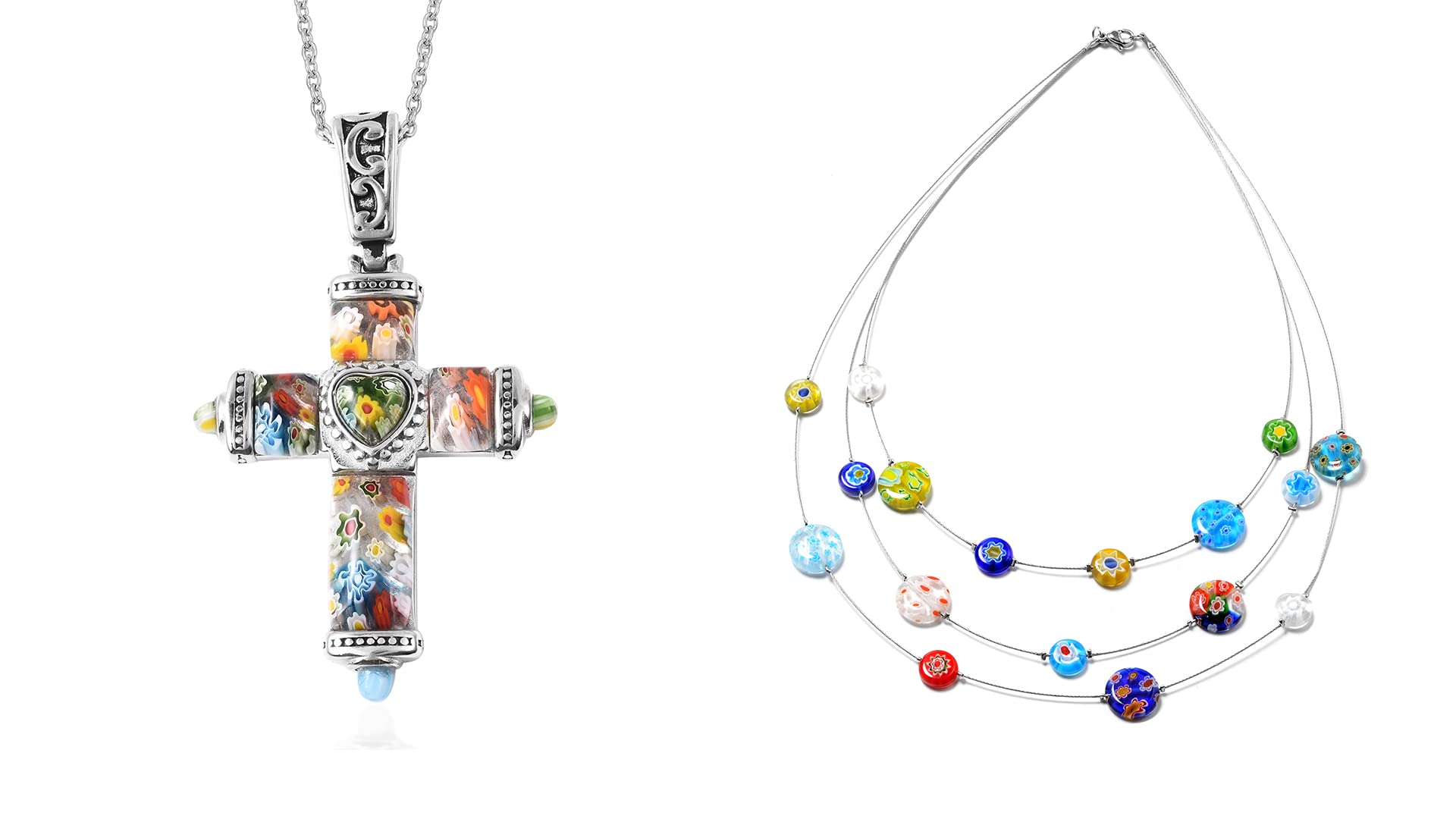 SHOP LC DELIVERING JOY Stainless Steel Murano Millefiori Glass Chain Pendant Necklace Costume Promise Stylish Fashion Delicate Gifts for Women
