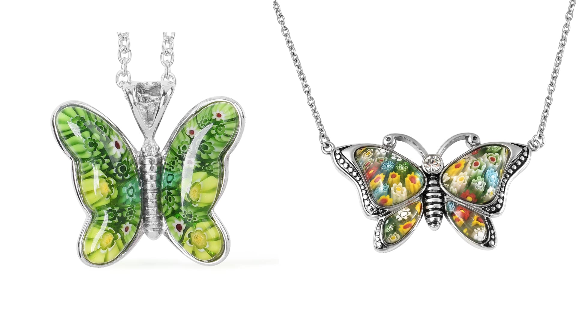 SHOP LC DELIVERING JOY Stainless Steel Murano Style Millefiori Glass Green Butterfly Flower Pendant Necklace Delicate Unique Gifts for Women